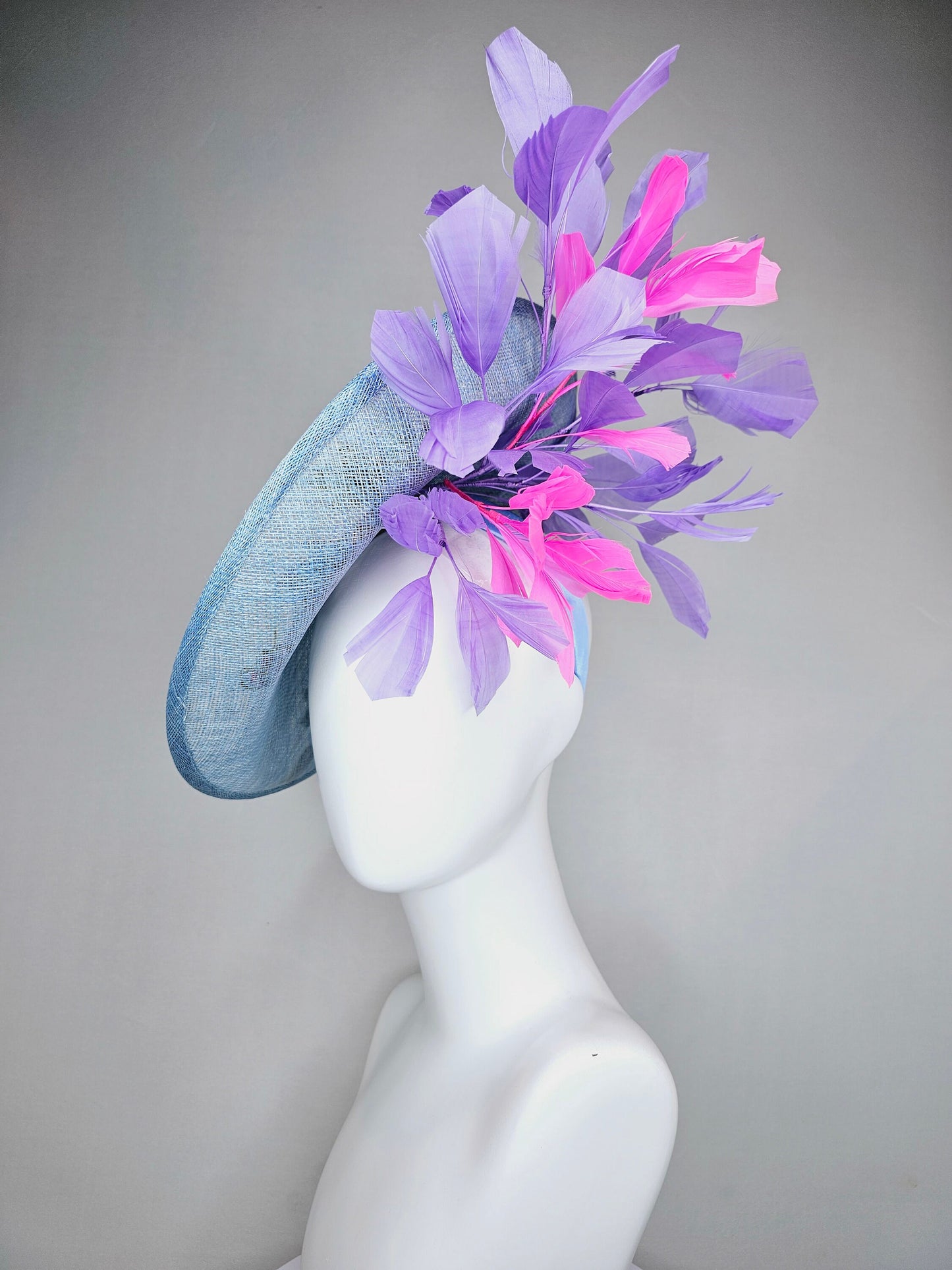 kentucky derby hat fascinator light blue sinamay saucer with embroidered gold pink lavender purple flowers and pink and purple  feathers