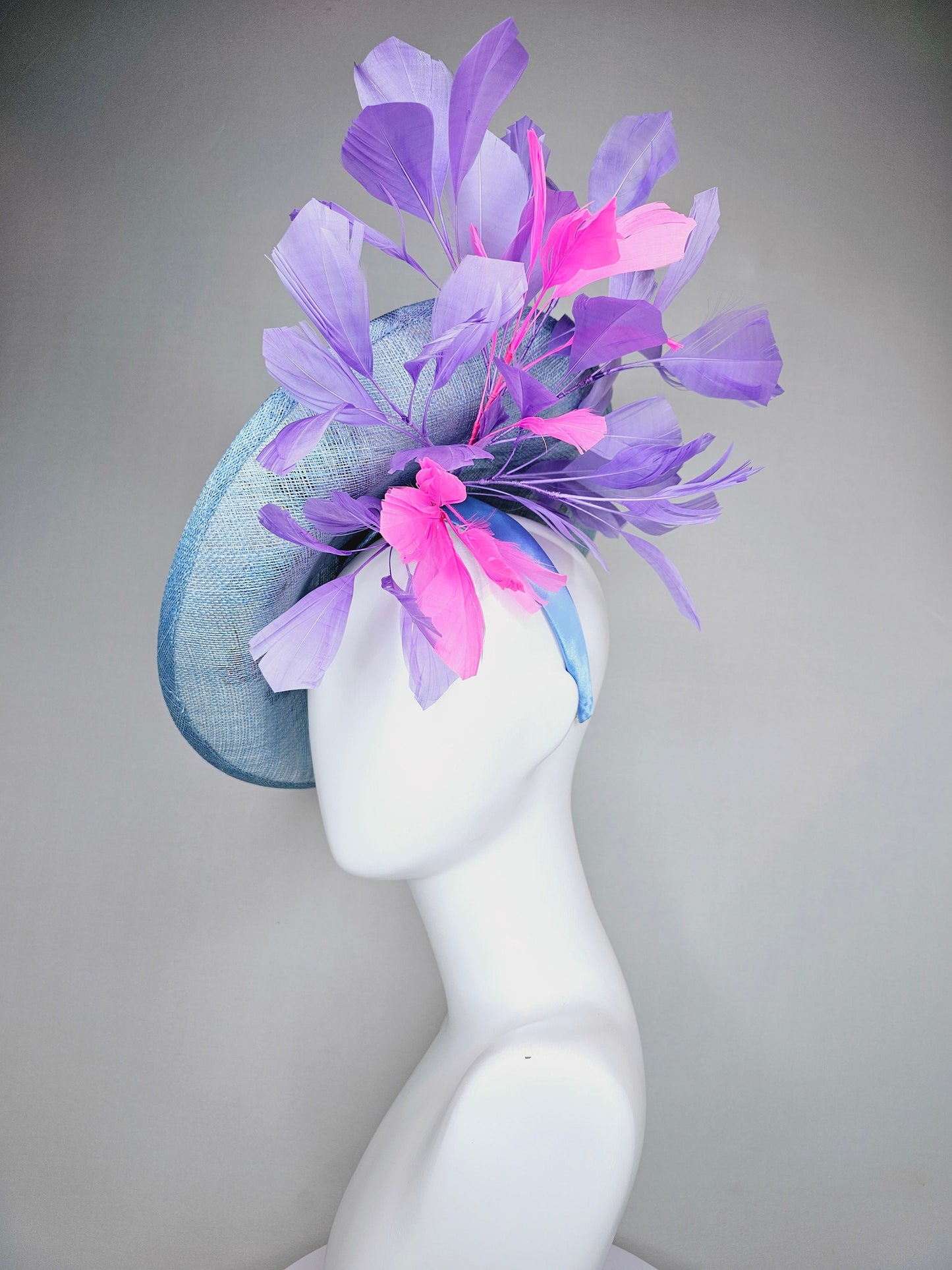 kentucky derby hat fascinator light blue sinamay saucer with embroidered gold pink lavender purple flowers and pink and purple  feathers