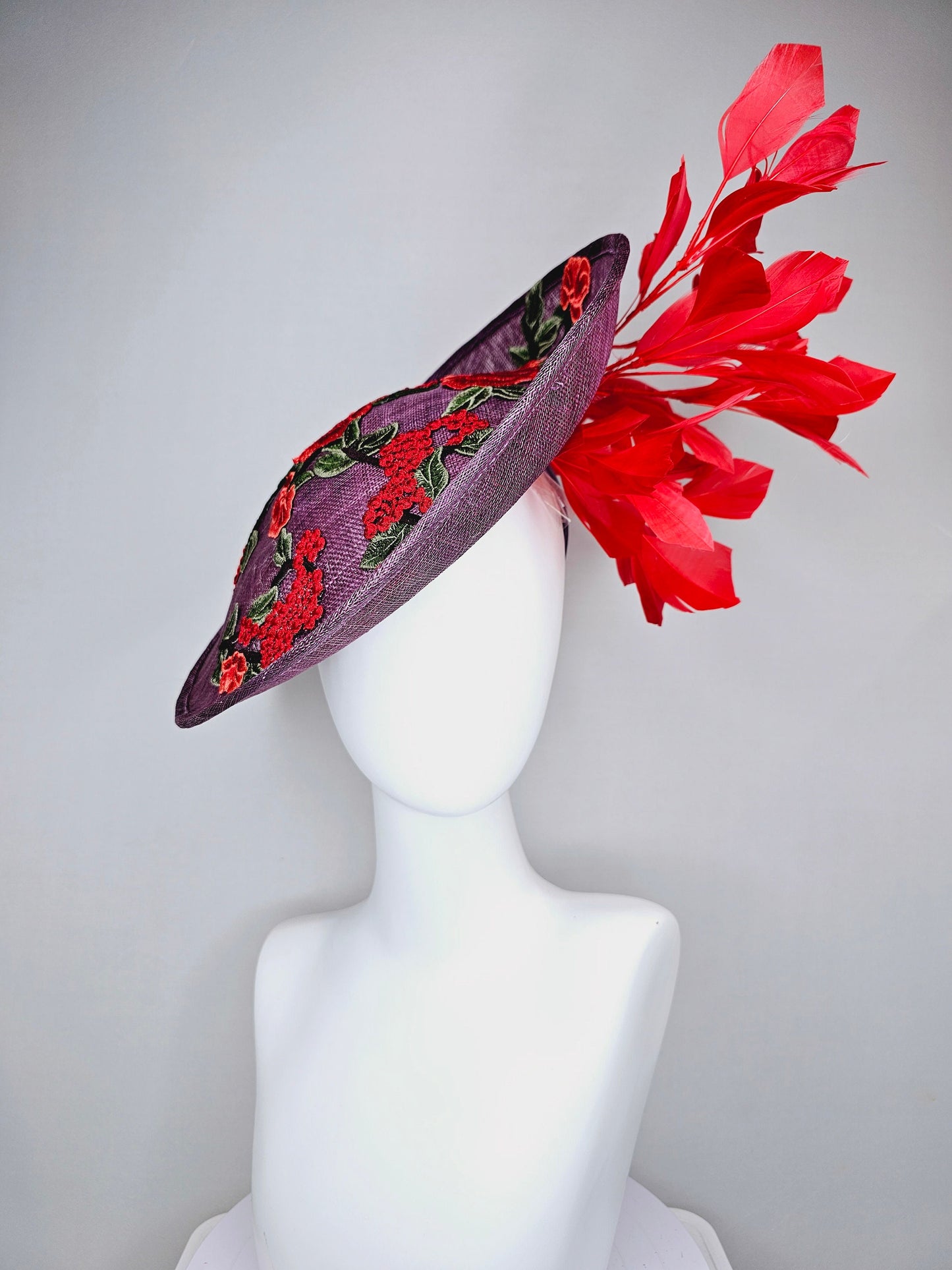 kentucky derby hat fascinator purple violet sinamay saucer with embroidered red coral green flowers with red feathers