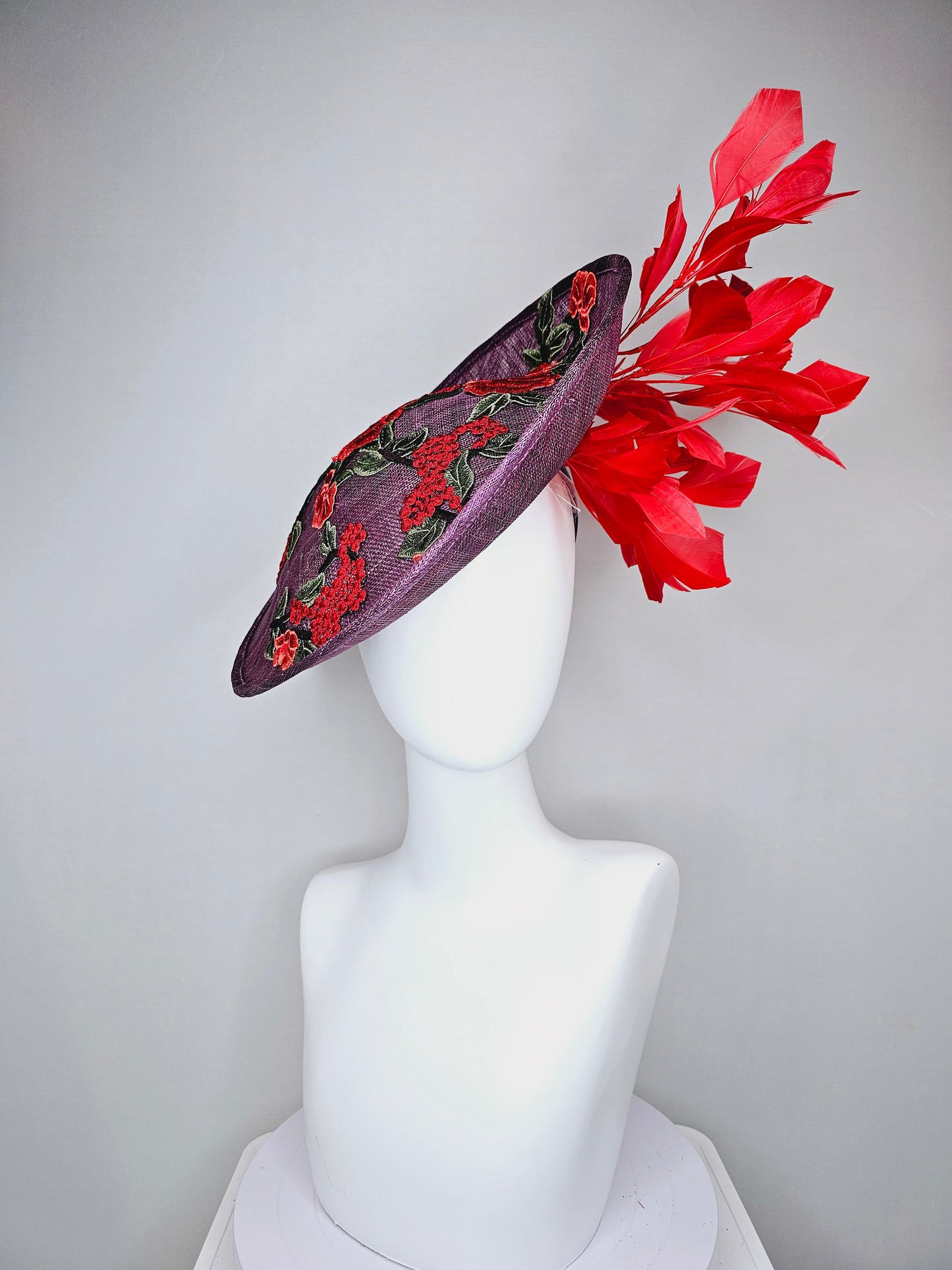 kentucky derby hat fascinator purple violet sinamay saucer with embroidered red coral green flowers with red feathers