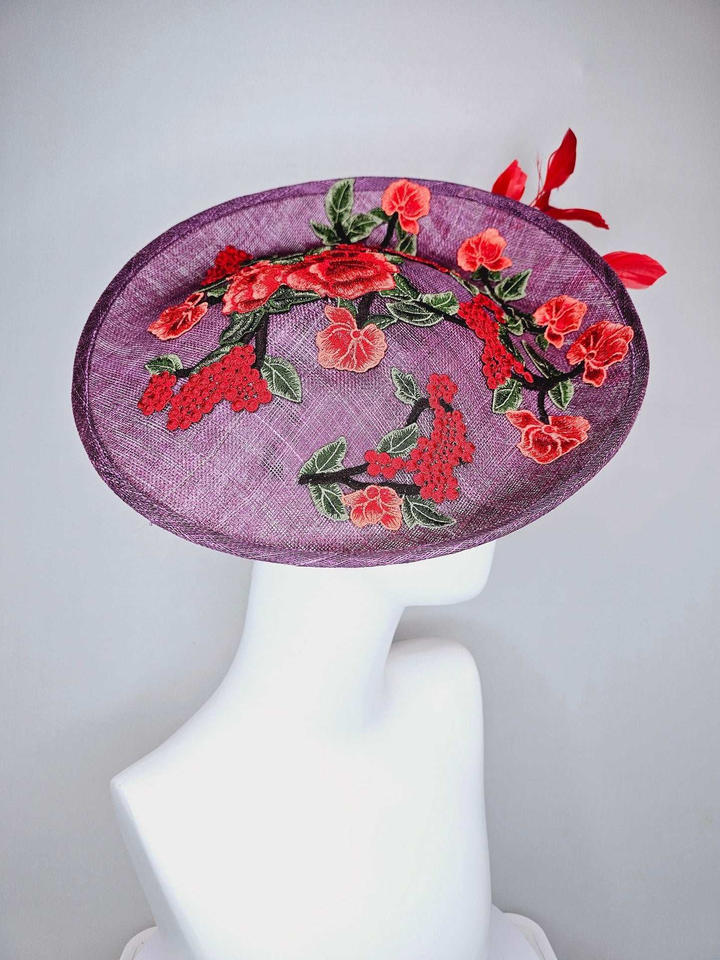 kentucky derby hat fascinator purple violet sinamay saucer with embroidered red coral green flowers with red feathers