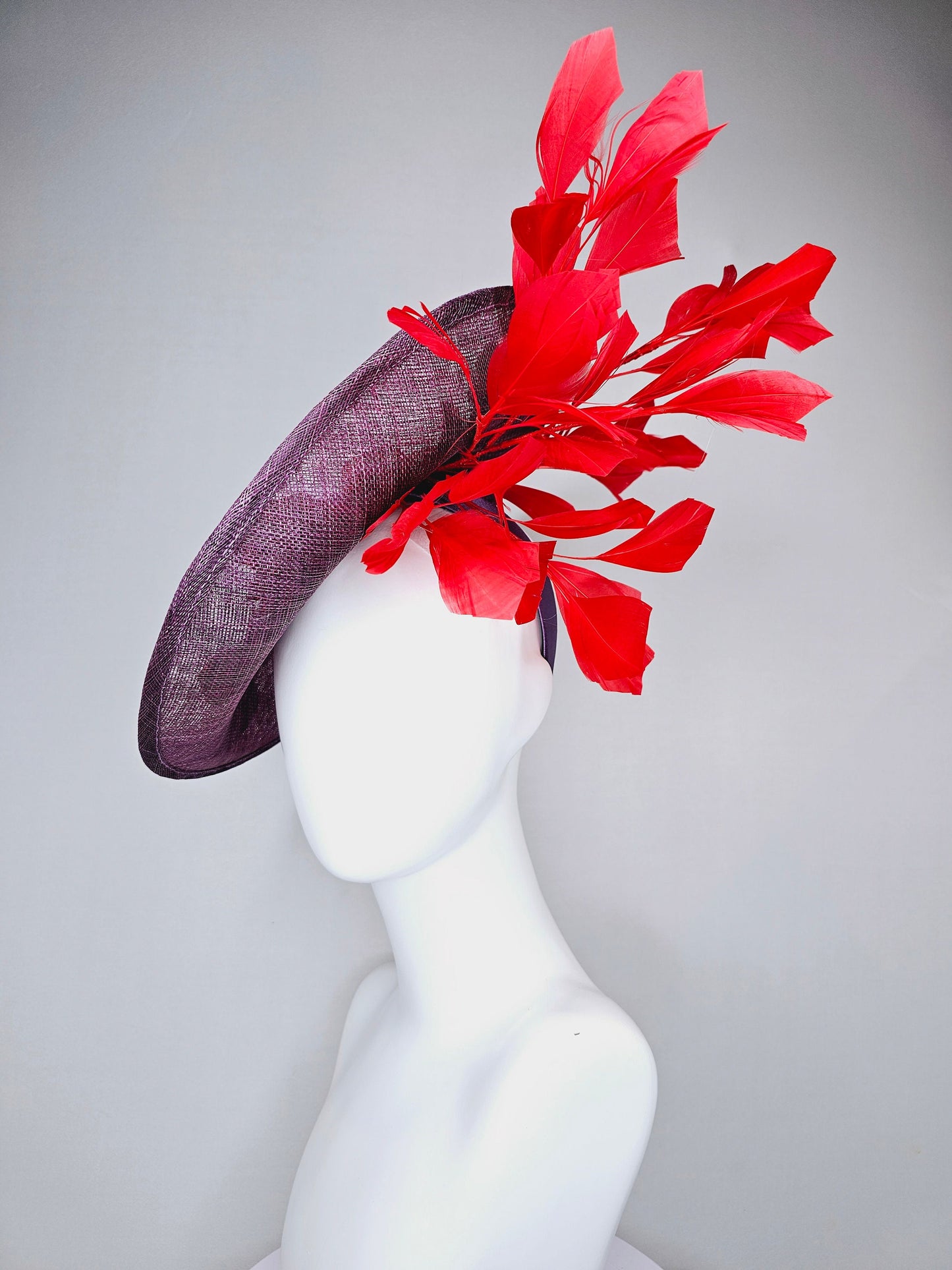 kentucky derby hat fascinator purple violet sinamay saucer with embroidered red coral green flowers with red feathers