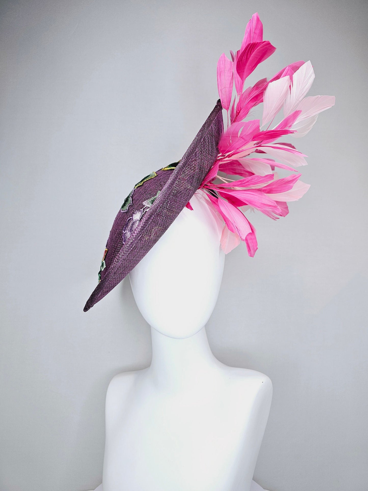 kentucky derby hat fascinator purple violet sinamay saucer with embroidered blue lavender pink green flowers with pink and blush feathers