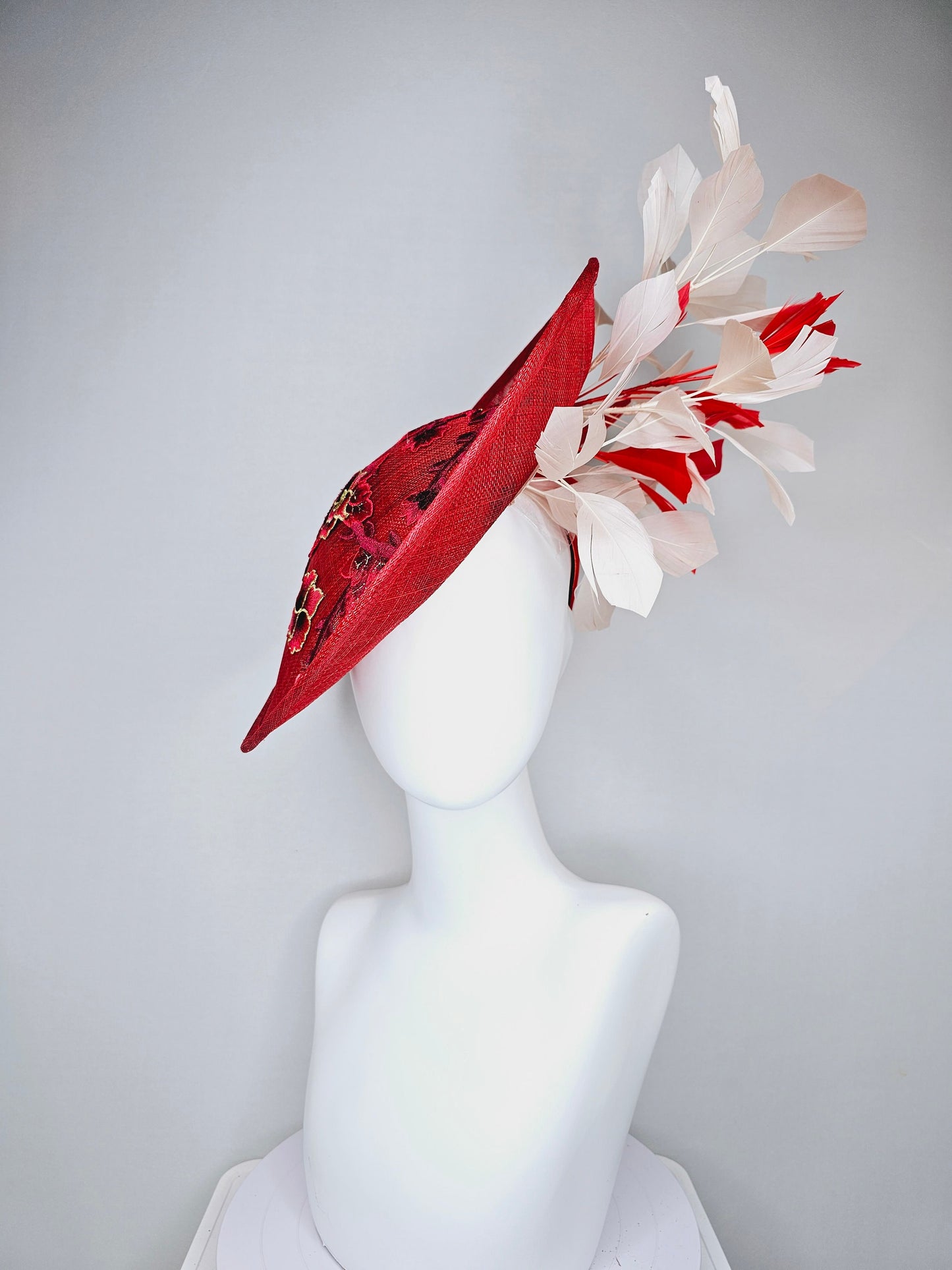 kentucky derby hat red sinamay saucer with red burgundy gold pink embroidered flowers with blush light pink red feathers