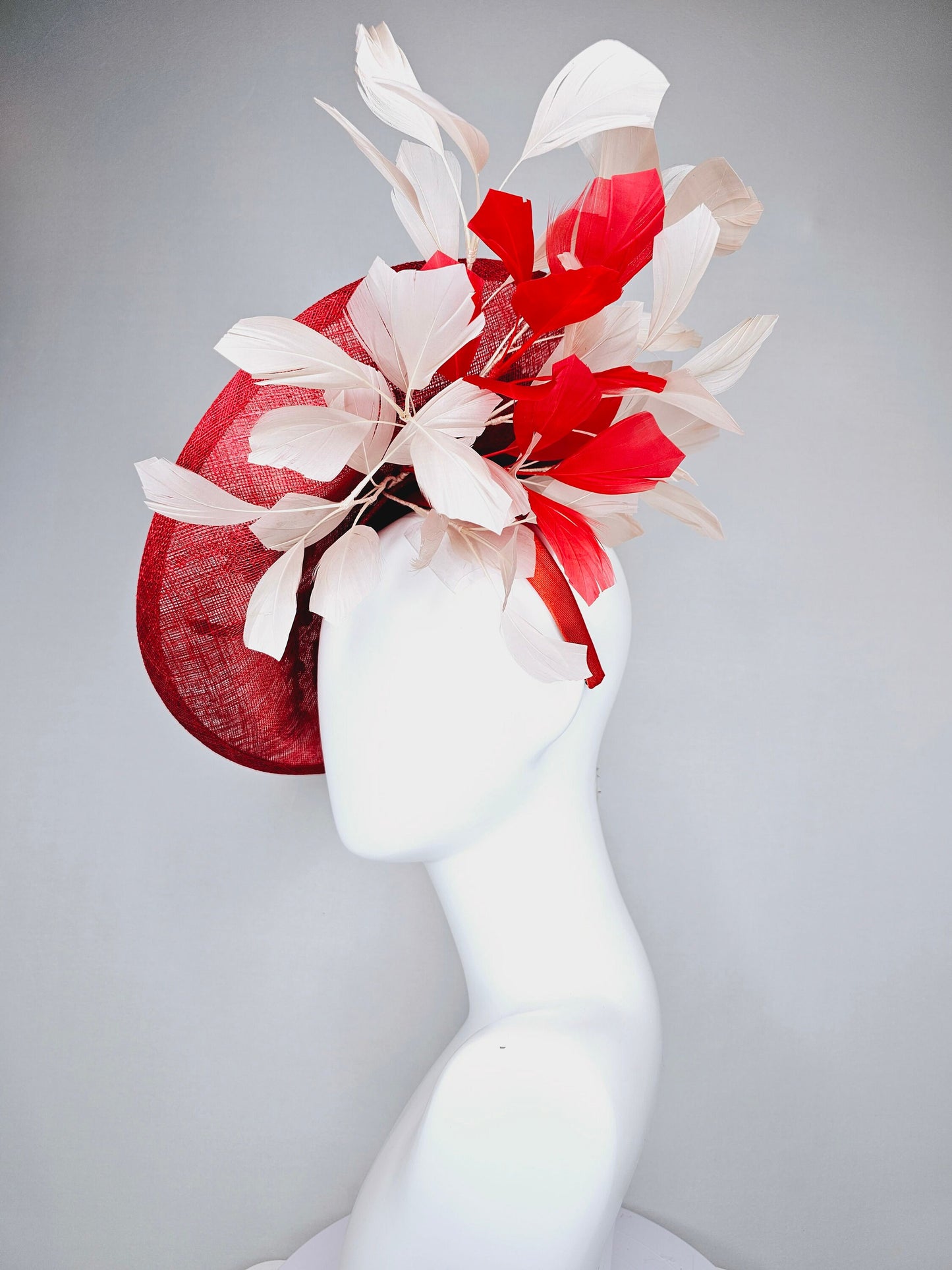 kentucky derby hat red sinamay saucer with red burgundy gold pink embroidered flowers with blush light pink red feathers