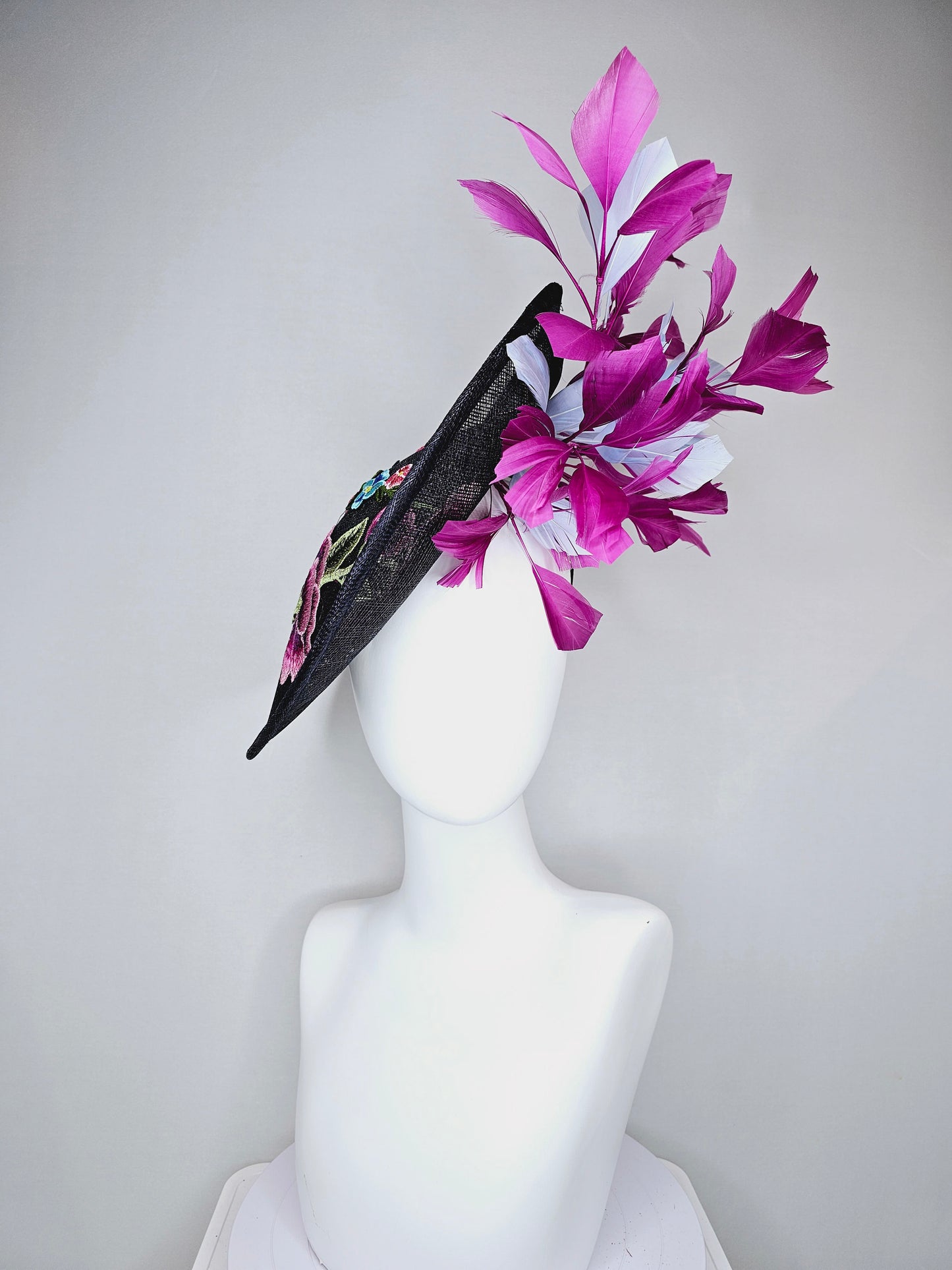 kentucky derby hat navy sinamay saucer with purple lavender pink embroidered flowers with purple and light blue feathers