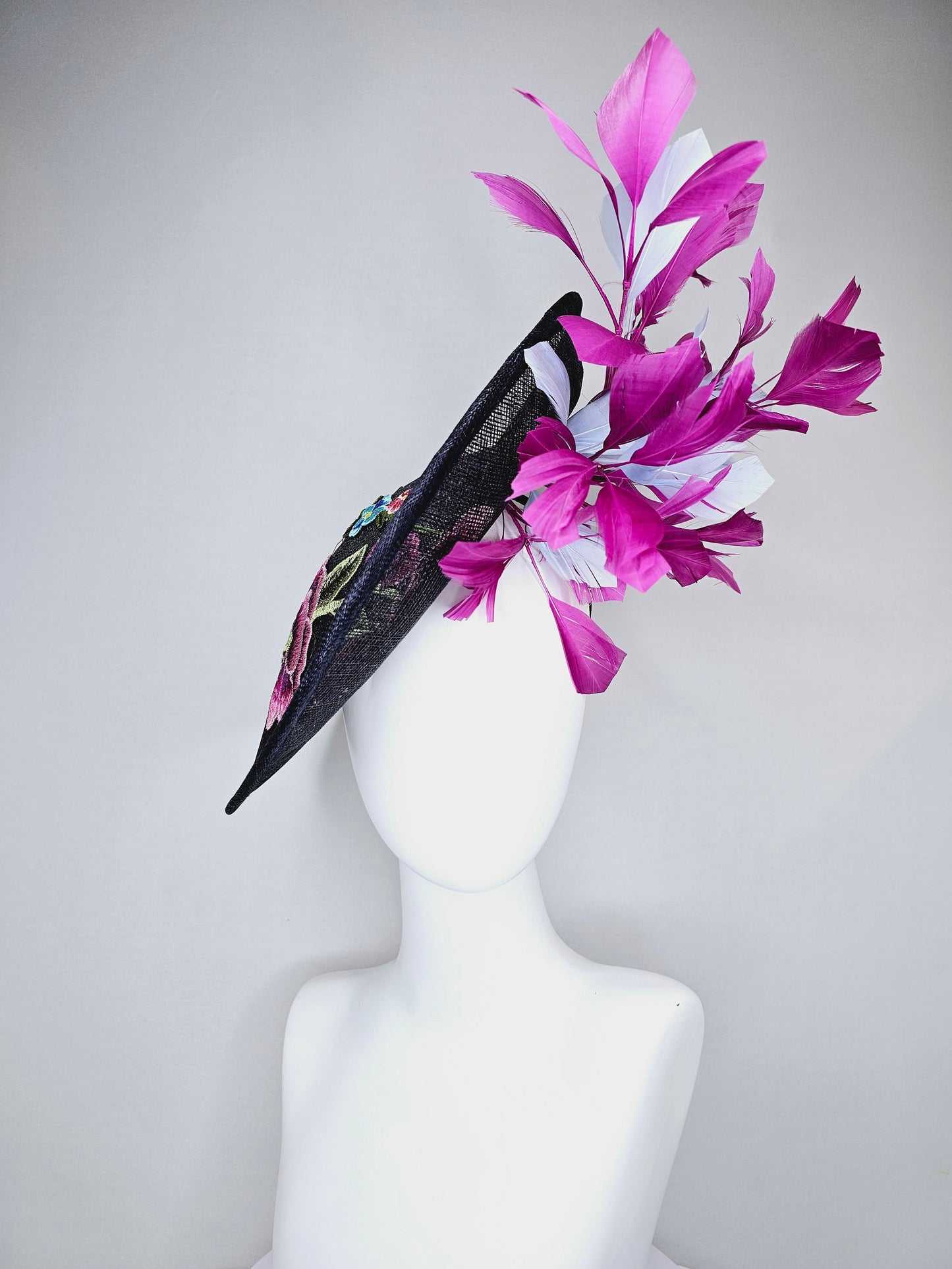 kentucky derby hat navy sinamay saucer with purple lavender pink embroidered flowers with purple and light blue feathers