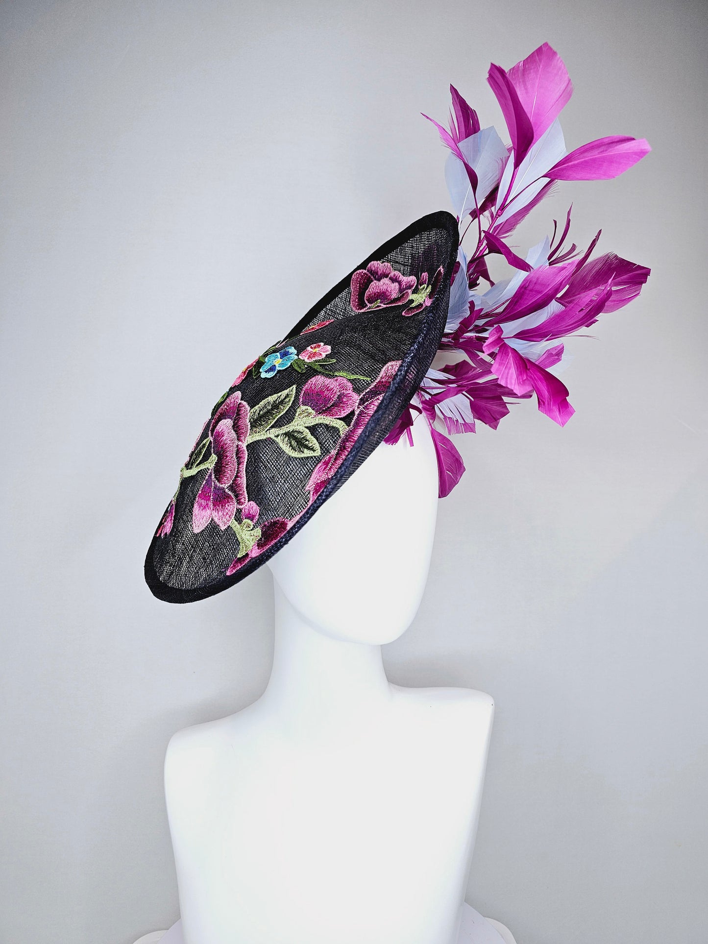 kentucky derby hat navy sinamay saucer with purple lavender pink embroidered flowers with purple and light blue feathers
