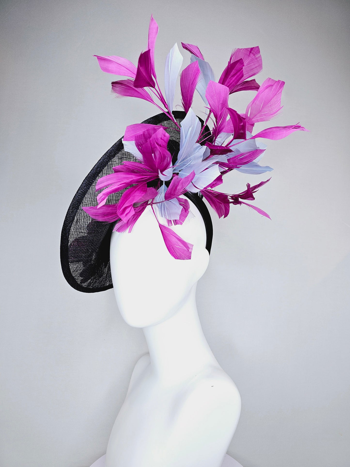 kentucky derby hat navy sinamay saucer with purple lavender pink embroidered flowers with purple and light blue feathers