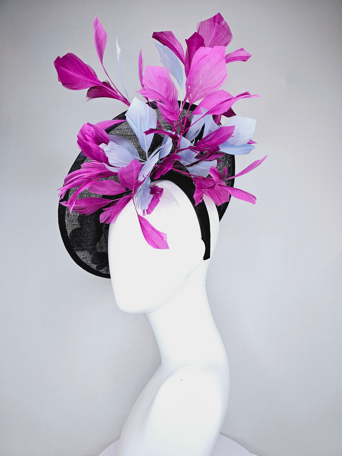 kentucky derby hat navy sinamay saucer with purple lavender pink embroidered flowers with purple and light blue feathers