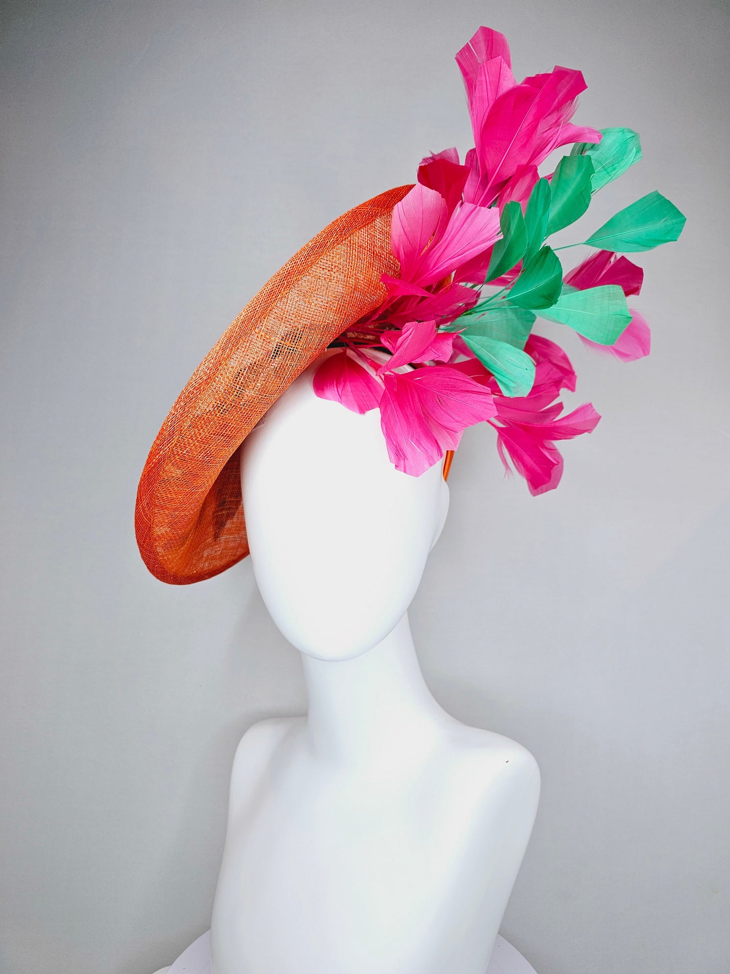 kentucky derby hat fascinator orange sinamay fascinator with pink fuchsia green embroidered flowers pink and green feathers