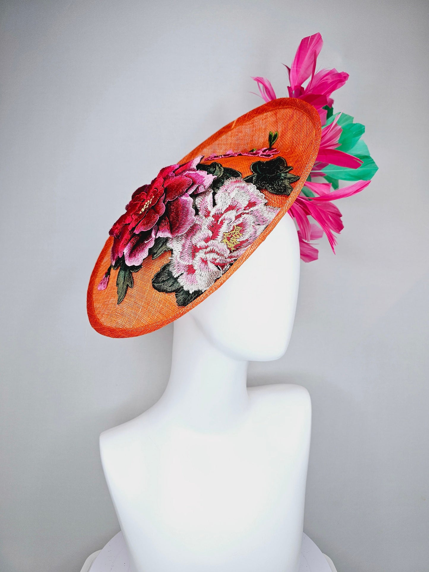 kentucky derby hat fascinator orange sinamay fascinator with pink fuchsia green embroidered flowers pink and green feathers
