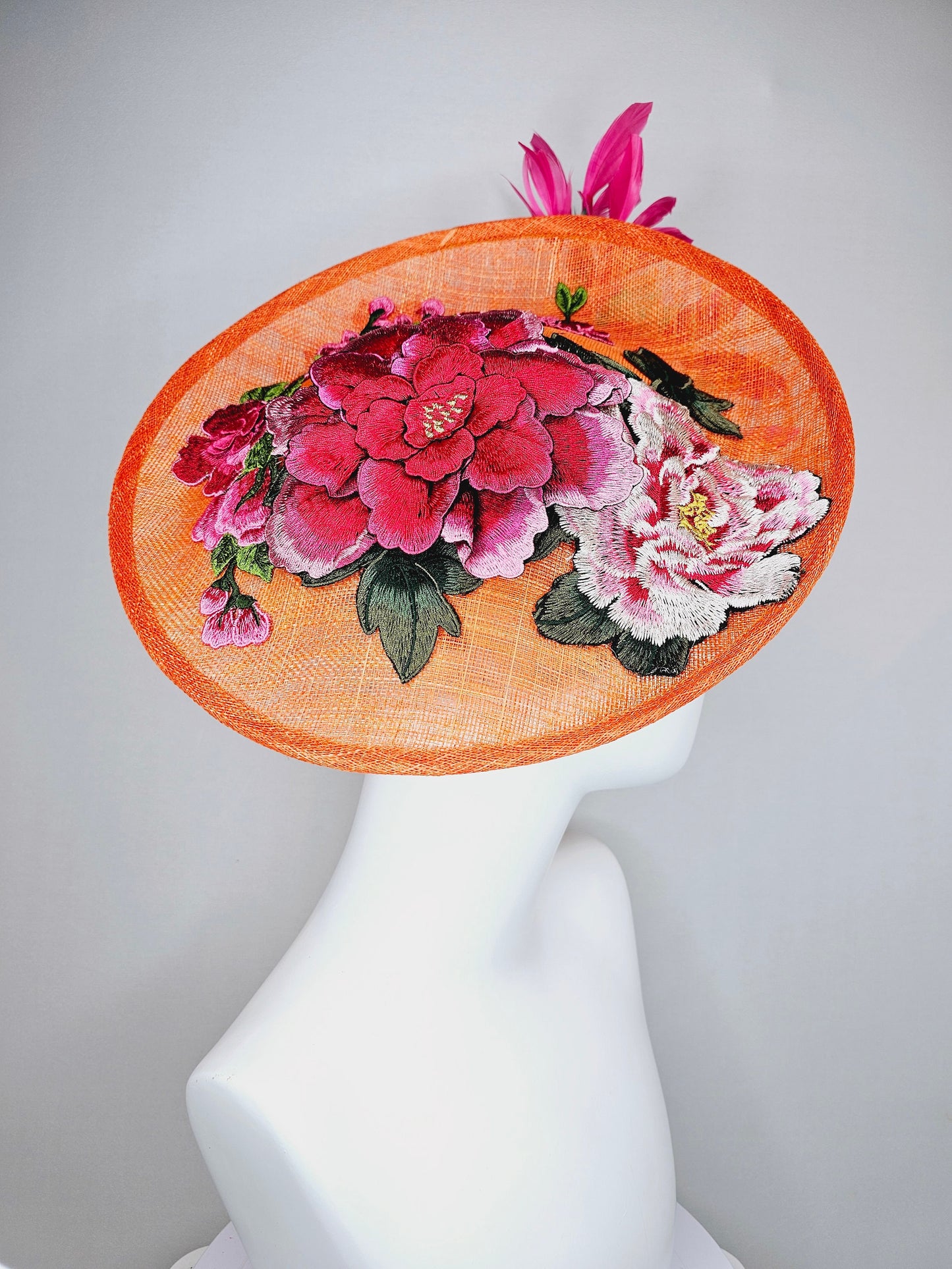 kentucky derby hat fascinator orange sinamay fascinator with pink fuchsia green embroidered flowers pink and green feathers