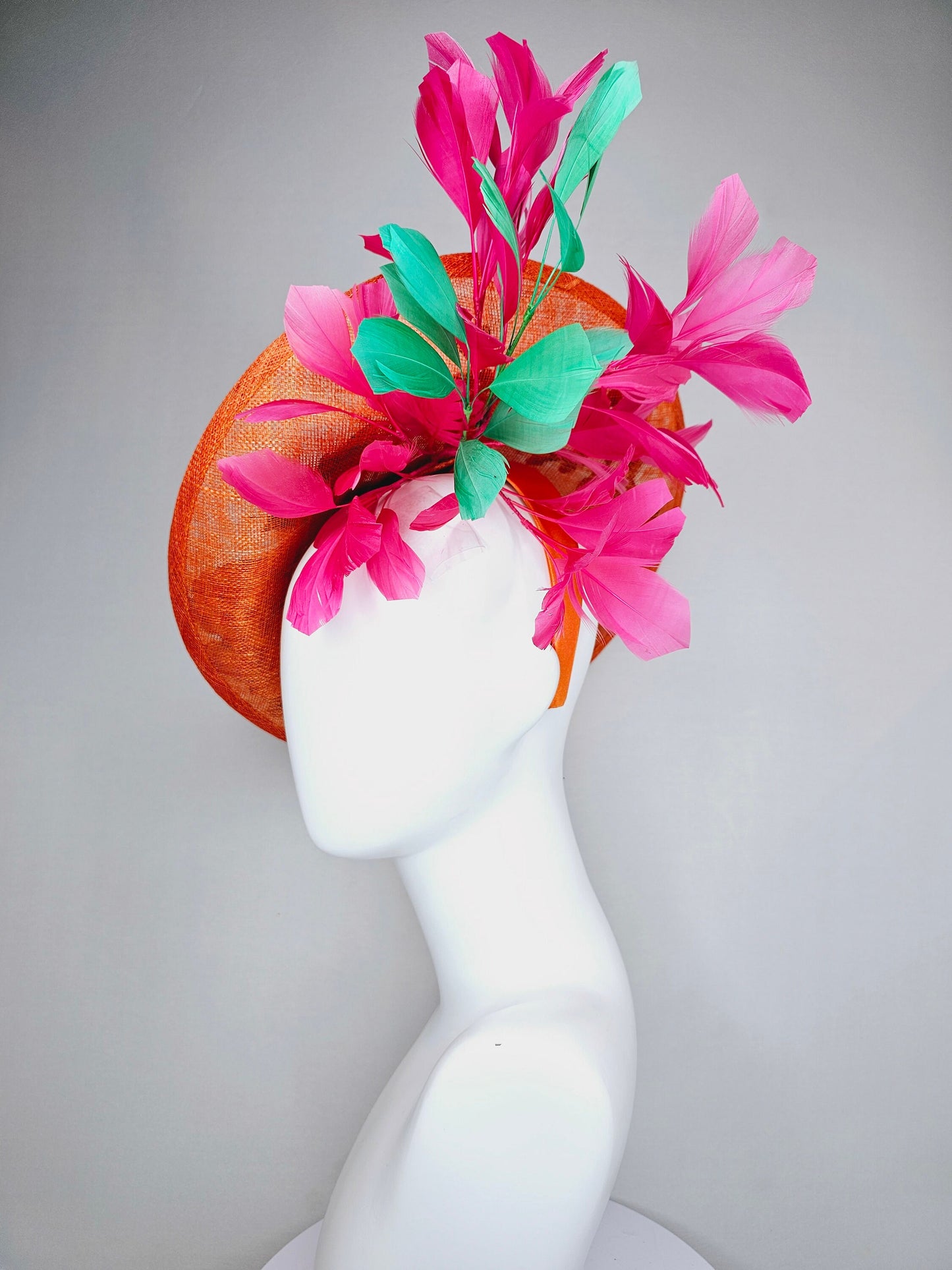 kentucky derby hat fascinator orange sinamay fascinator with pink fuchsia green embroidered flowers pink and green feathers