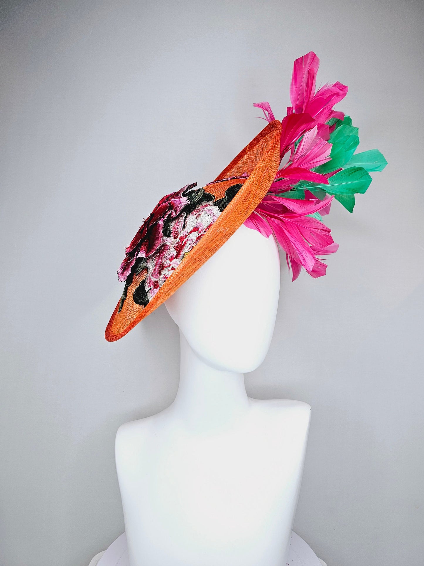 kentucky derby hat fascinator orange sinamay fascinator with pink fuchsia green embroidered flowers pink and green feathers