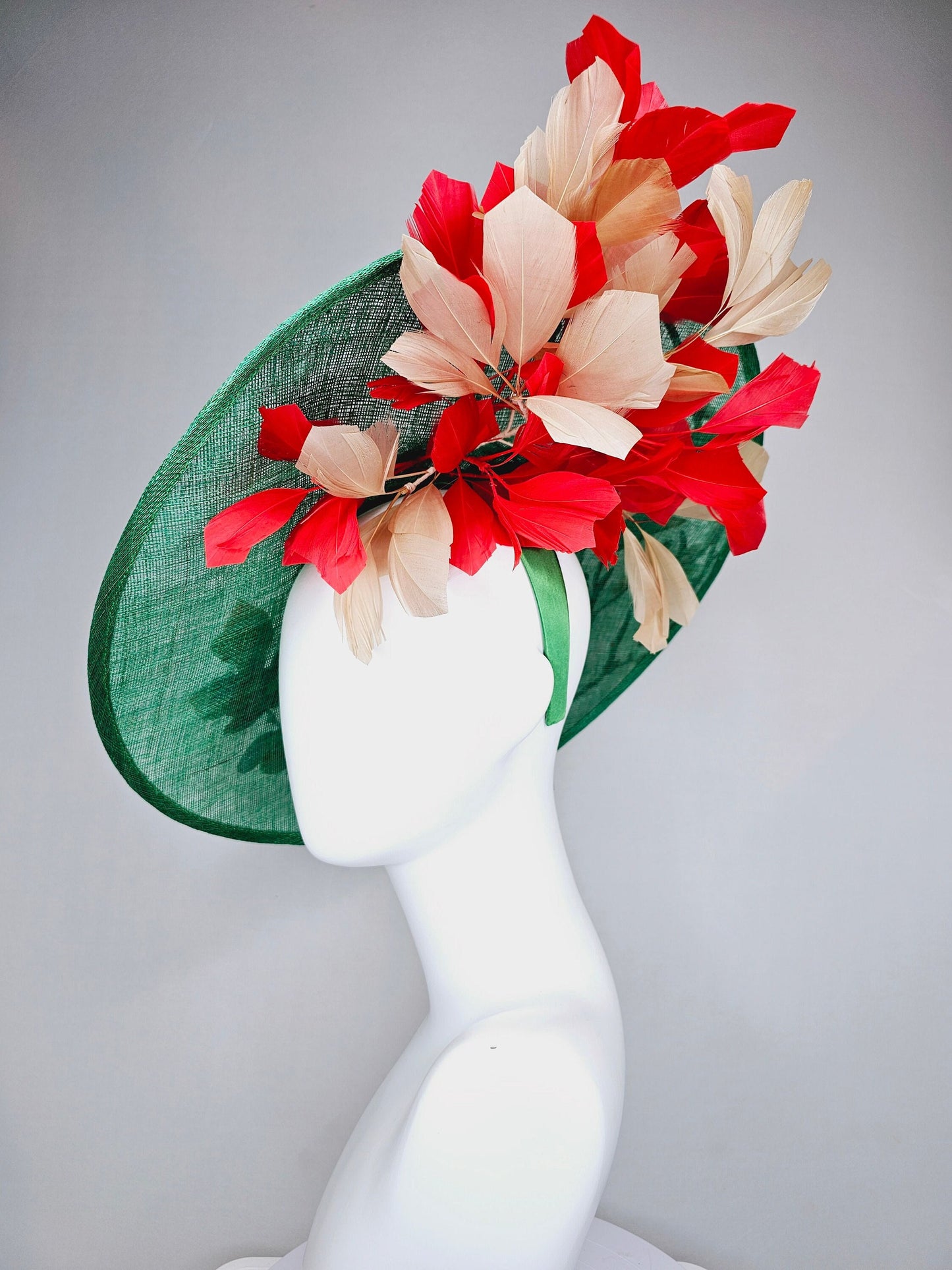 kentucky derby hat fascinator green sinamay saucer with embroidered gold red brown ivory flowers and red and gold  feathers