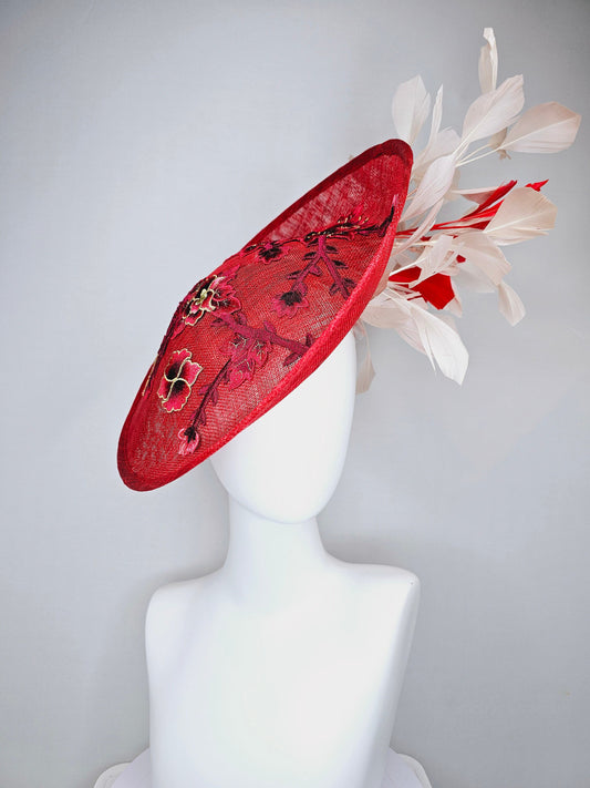 kentucky derby hat red sinamay saucer with red burgundy gold pink embroidered flowers with blush light pink red feathers