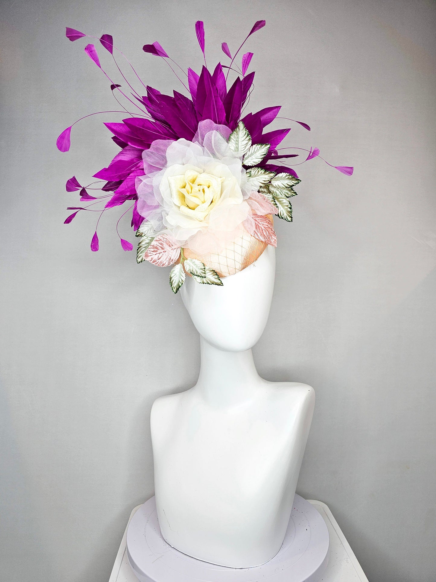 kentucky derby hat fascinator champagne blush pink satin with purple feathers organza ivory rose flower green gray satin and pink  leaves