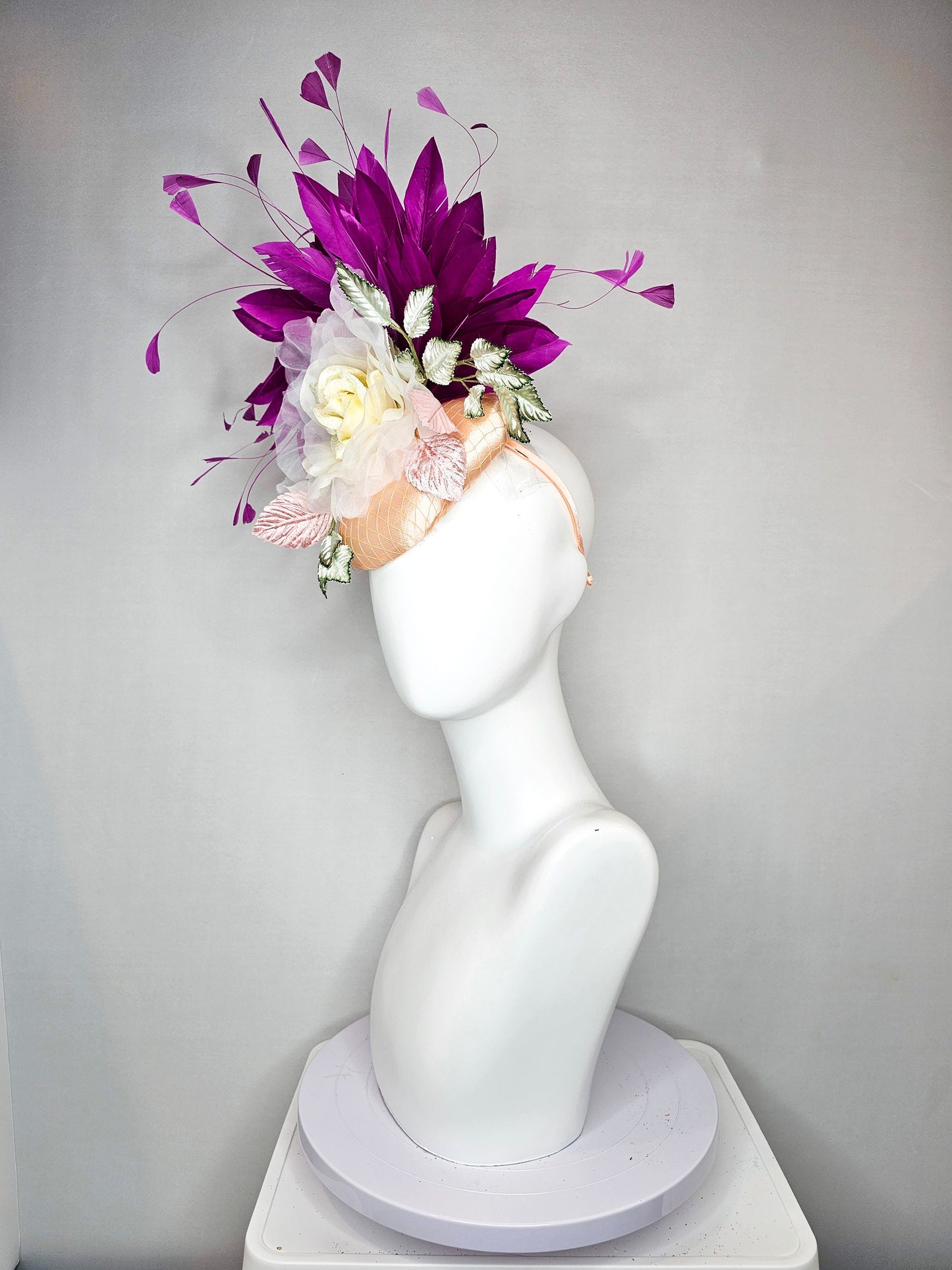 kentucky derby hat fascinator champagne blush pink satin with purple feathers organza ivory rose flower green gray satin and pink  leaves