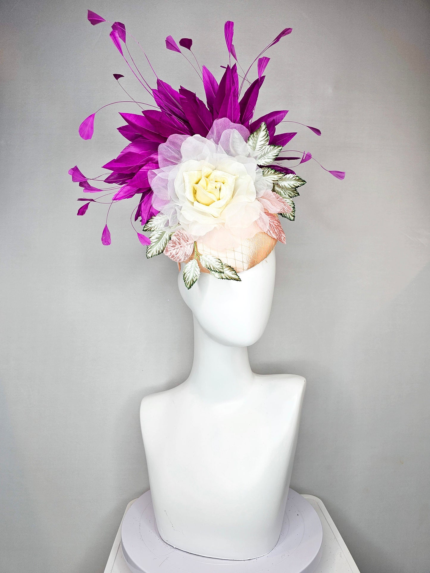 kentucky derby hat fascinator champagne blush pink satin with purple feathers organza ivory rose flower green gray satin and pink  leaves