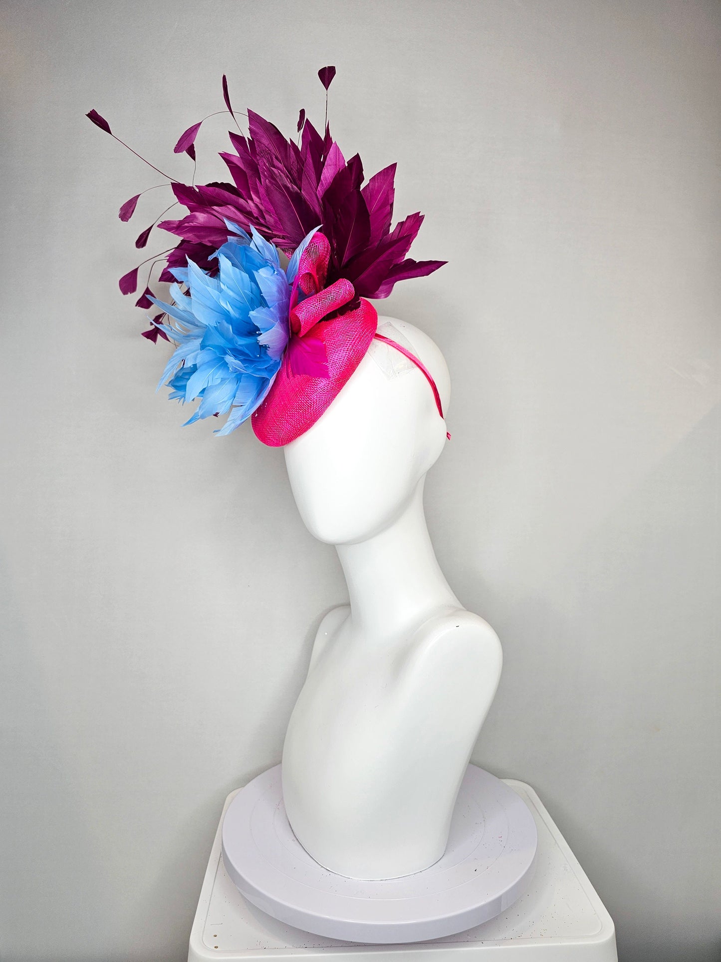 kentucky derby hat fascinator hot pink sinamay with light blue feather flower with purple wine feathers