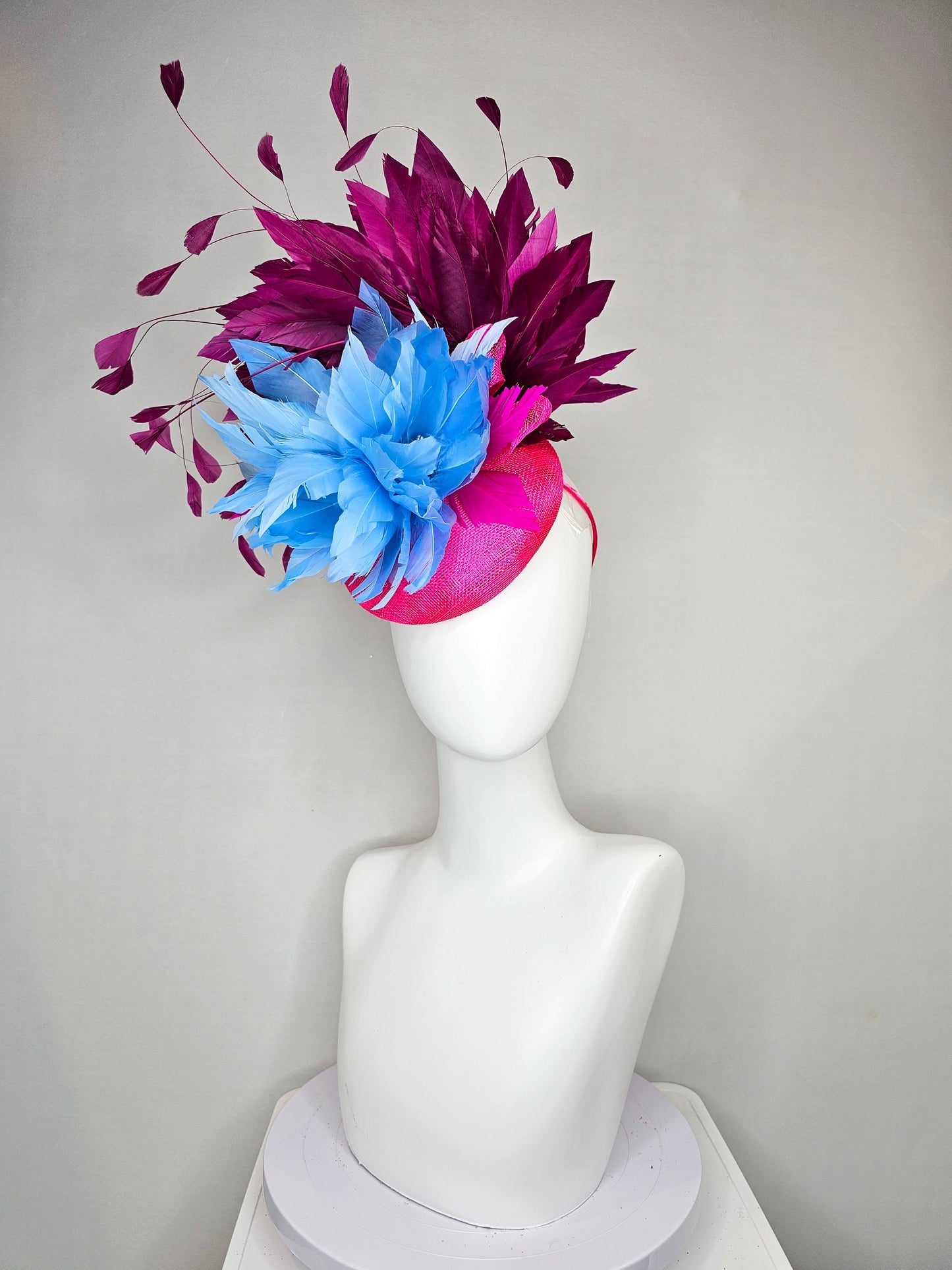 kentucky derby hat fascinator hot pink sinamay with light blue feather flower with purple wine feathers