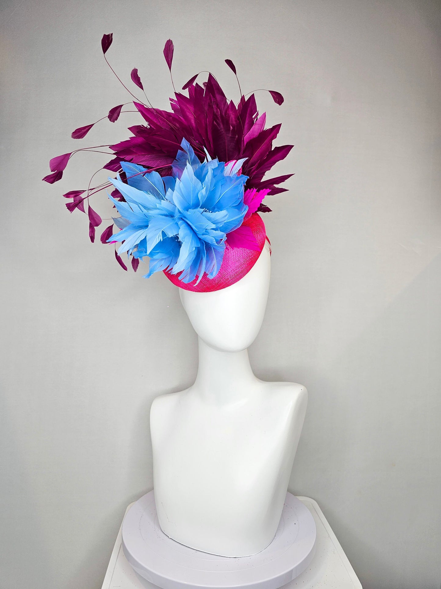 kentucky derby hat fascinator hot pink sinamay with light blue feather flower with purple wine feathers