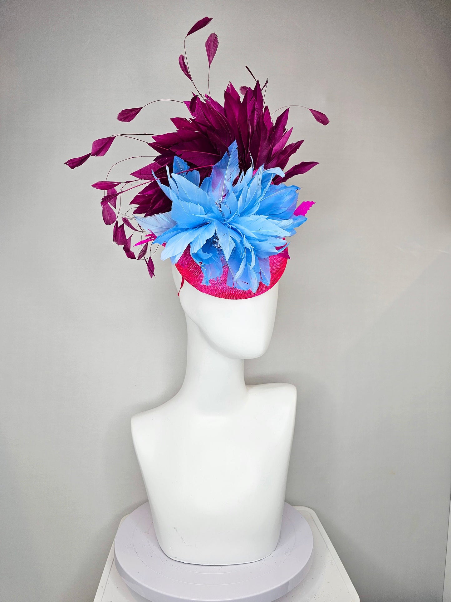 kentucky derby hat fascinator hot pink sinamay with light blue feather flower with purple wine feathers