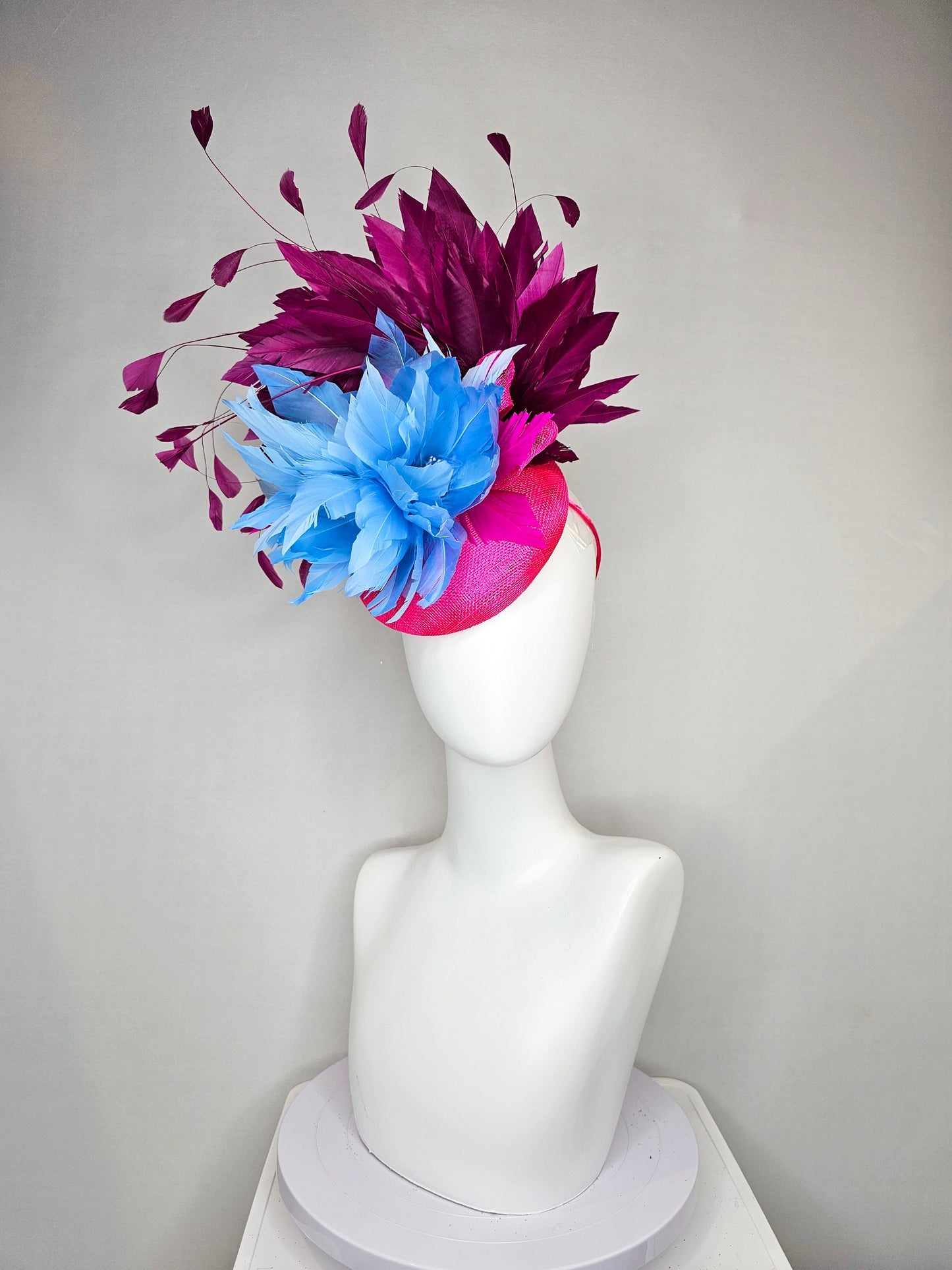 kentucky derby hat fascinator hot pink sinamay with light blue feather flower with purple wine feathers