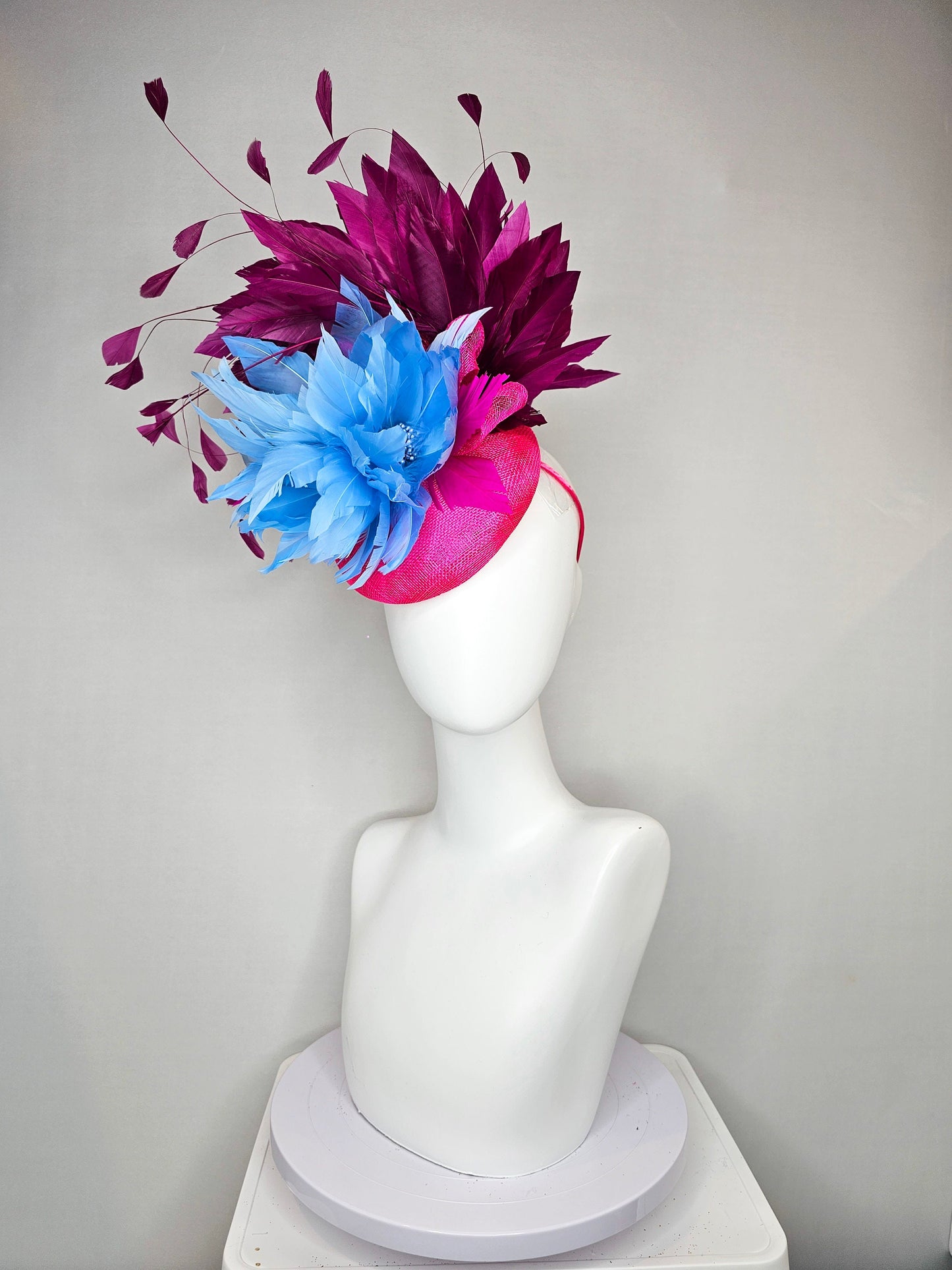 kentucky derby hat fascinator hot pink sinamay with light blue feather flower with purple wine feathers