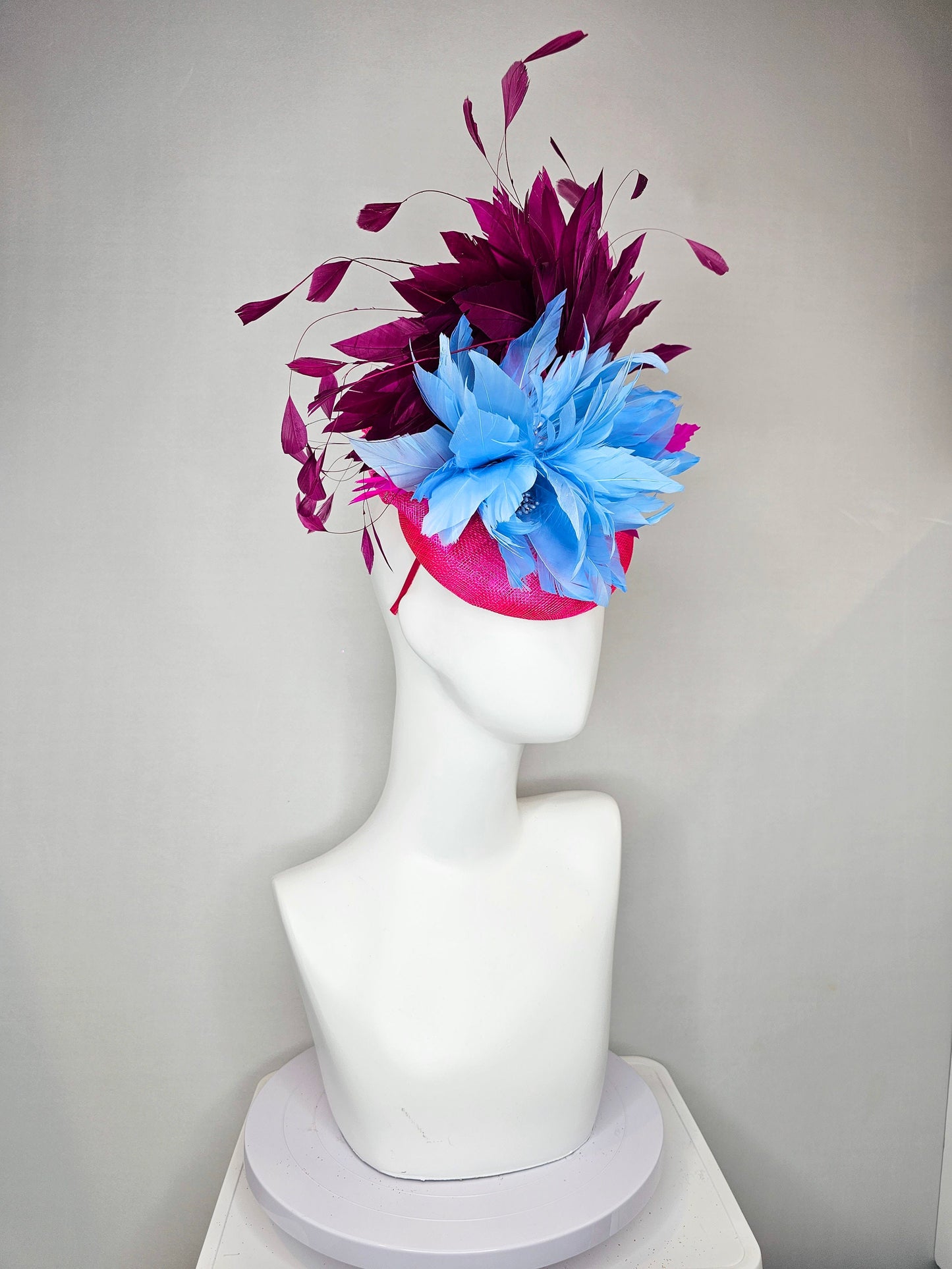 kentucky derby hat fascinator hot pink sinamay with light blue feather flower with purple wine feathers