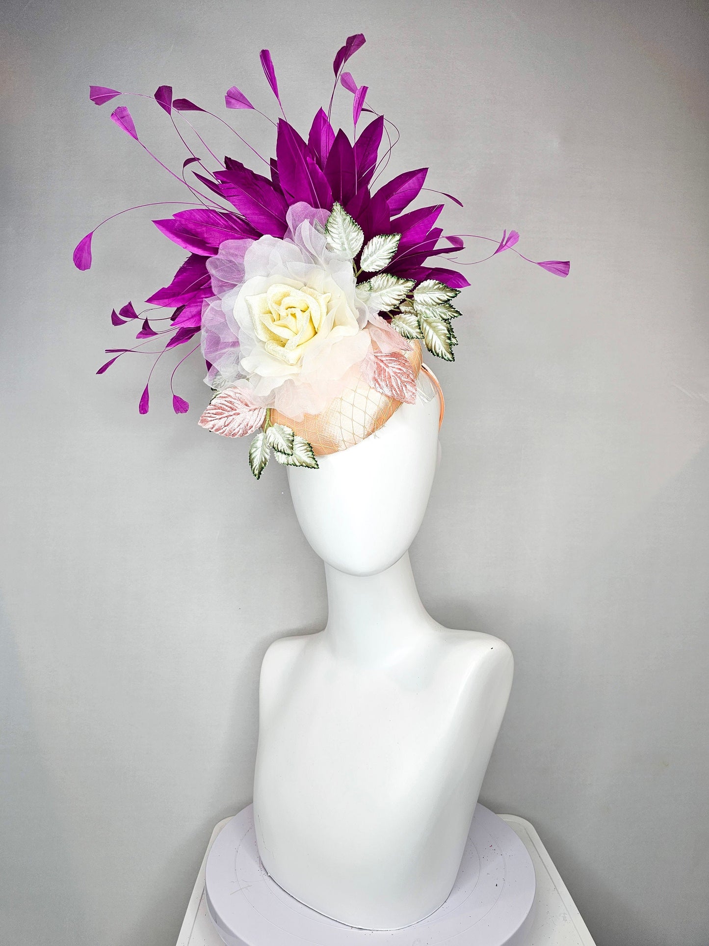 kentucky derby hat fascinator champagne blush pink satin with purple feathers organza ivory rose flower green gray satin and pink  leaves