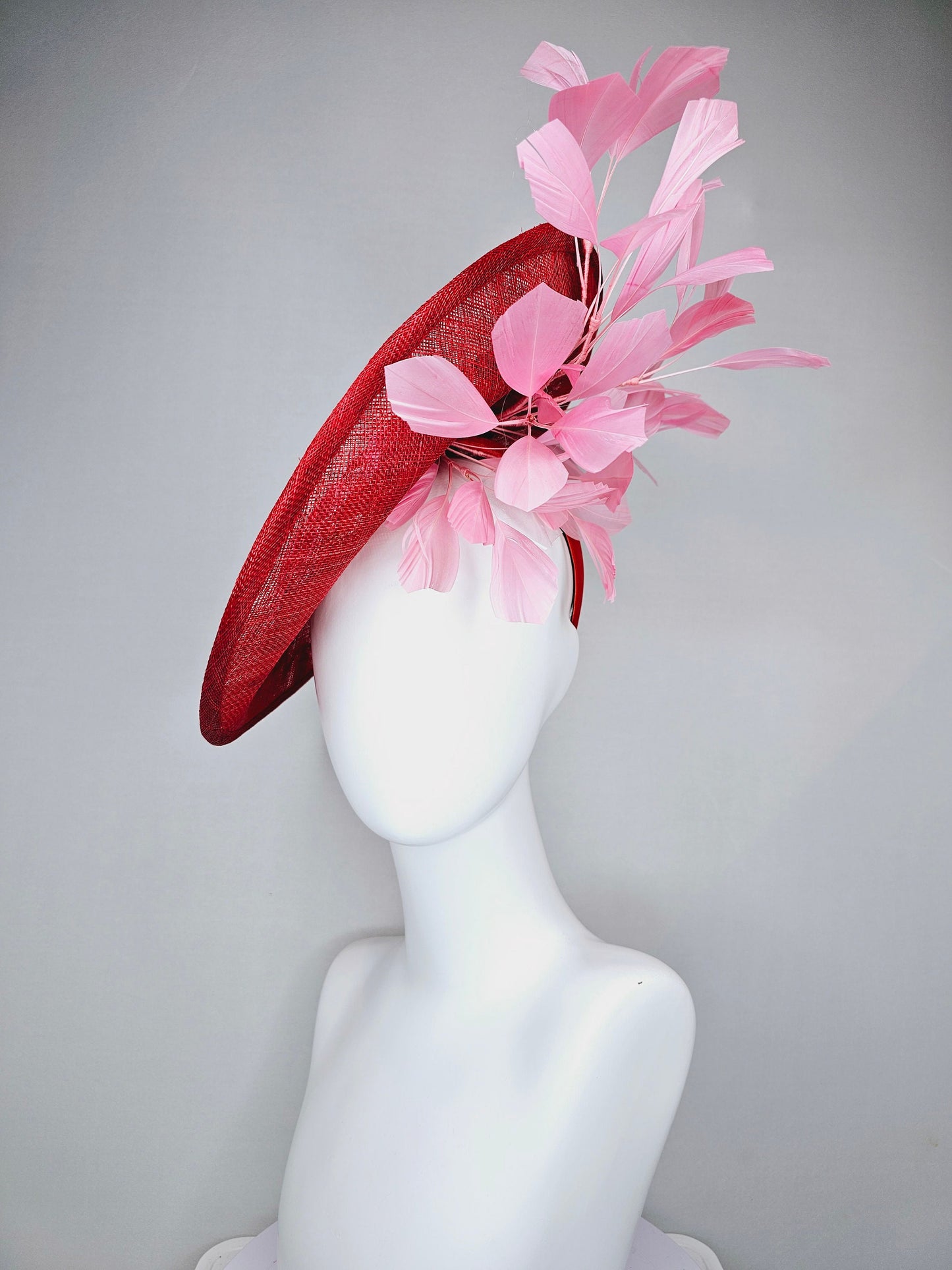 kentucky derby hat fascinator red sinamay saucer with red pink green gold  embroidered flowers pink feathers