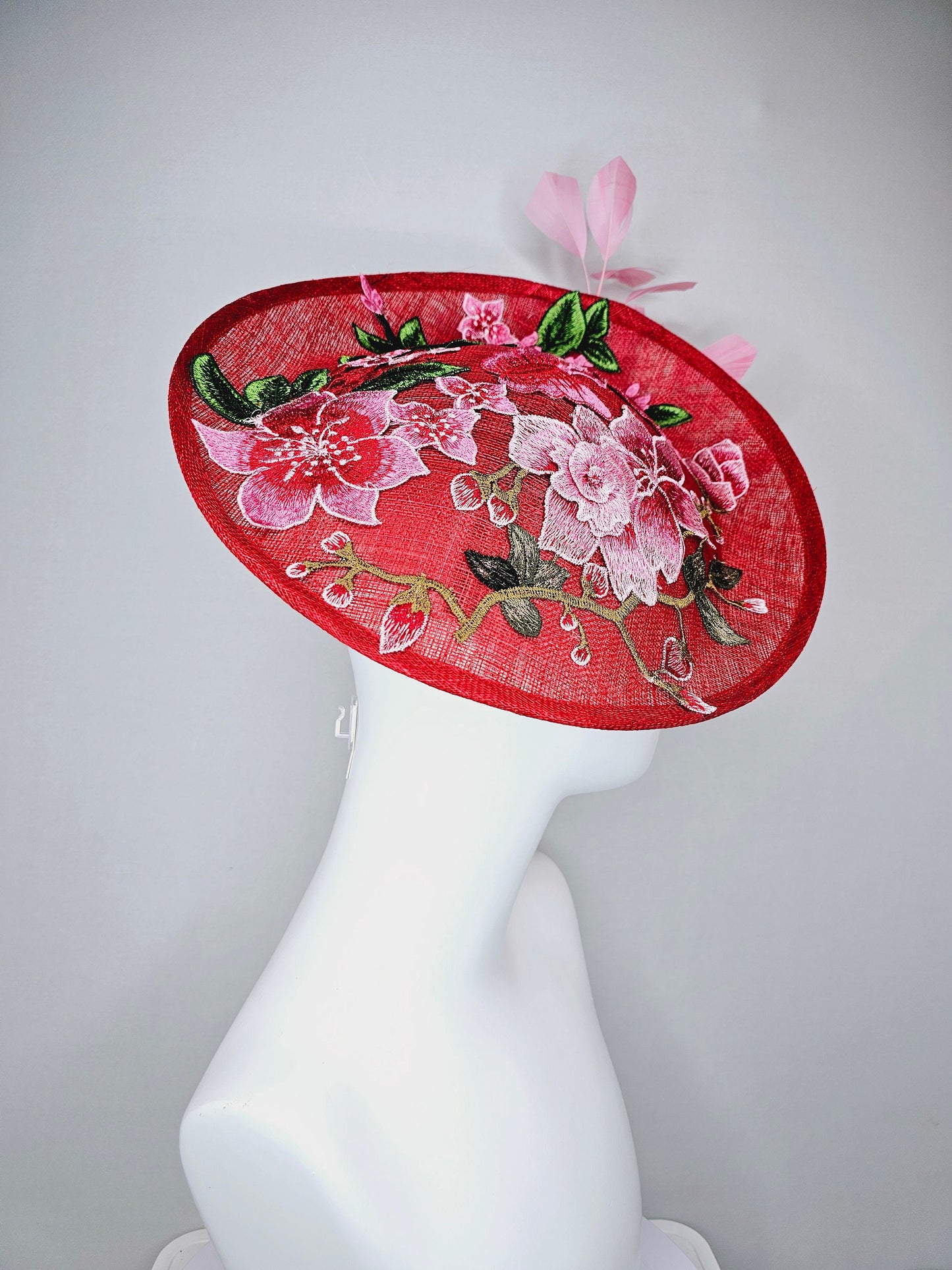 kentucky derby hat fascinator red sinamay saucer with red pink green gold  embroidered flowers pink feathers