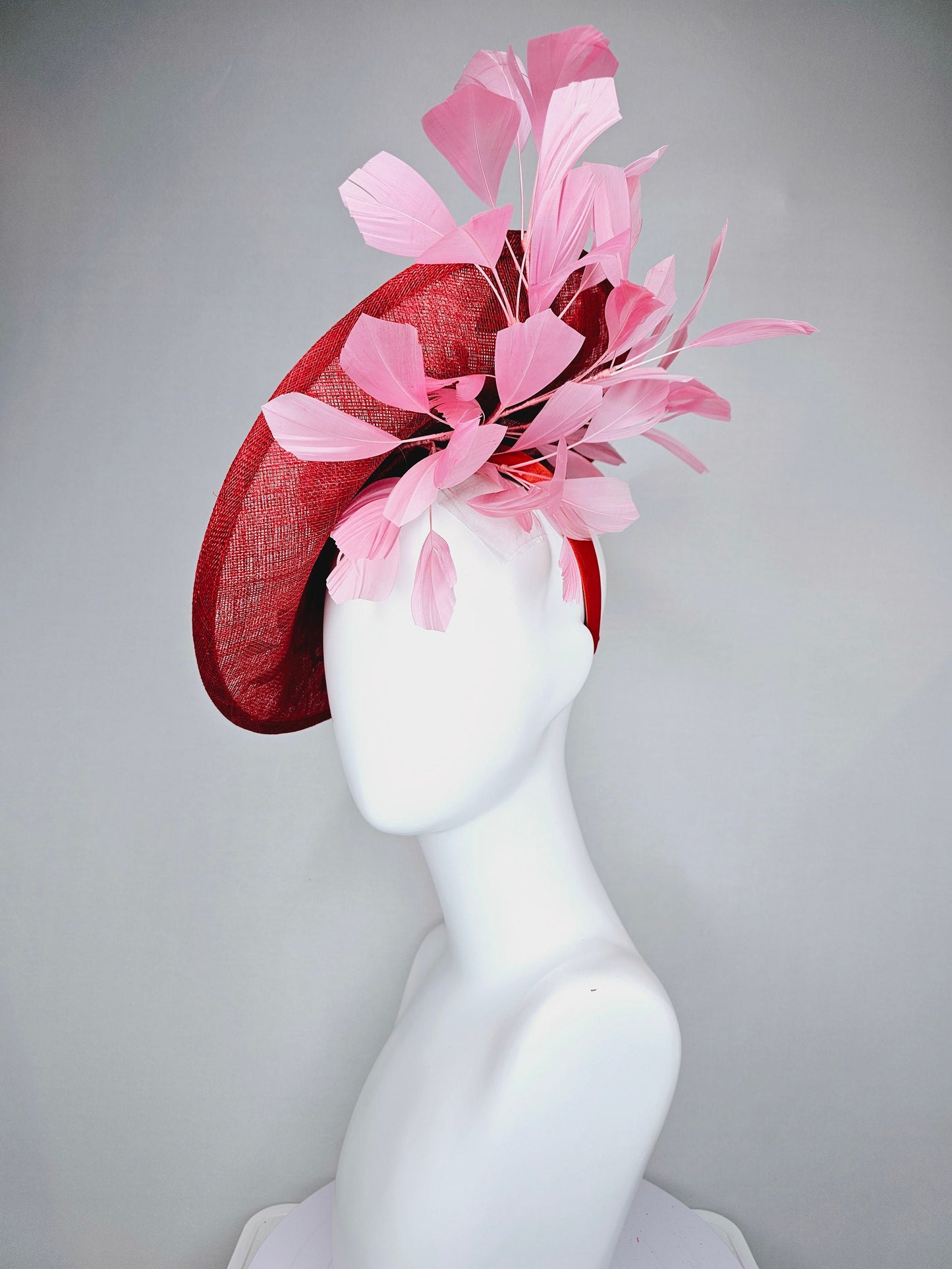 kentucky derby hat fascinator red sinamay saucer with red pink green gold  embroidered flowers pink feathers