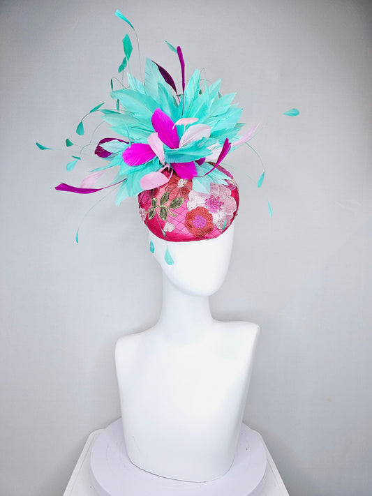 kentucky derby hat fascinator hot pink satin with embroidered colorful flowers pink green feather pouf