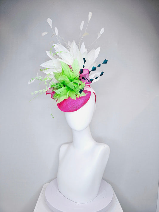 kentucky derby hat fascinator  hot pink  sinamay bright green feather flower teal peacock blue feather accent with white feathers