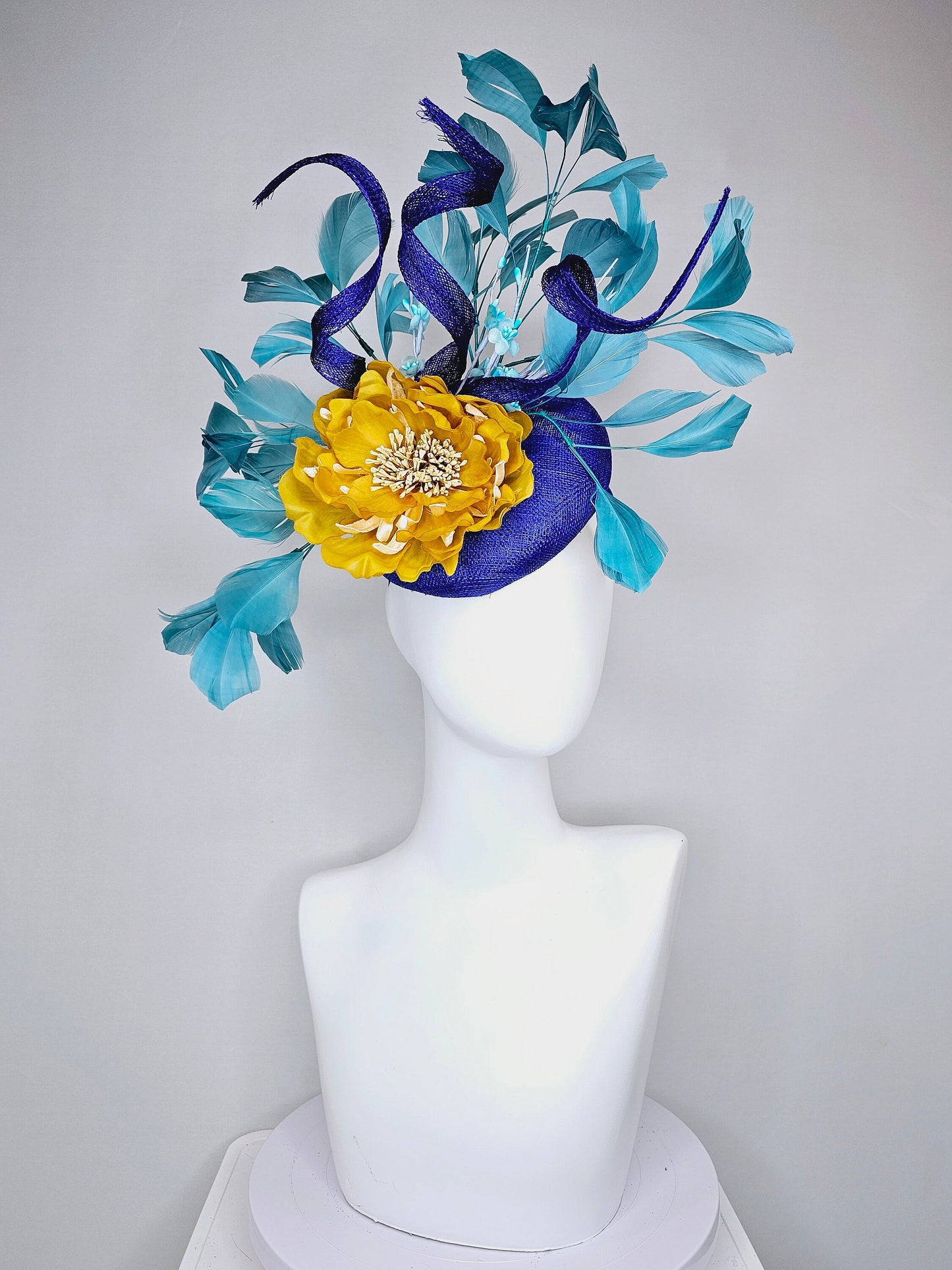 kentucky derby hat fascinator royal blue sinamay with curls mustard yellow large flower with teal peacock blue  feathers