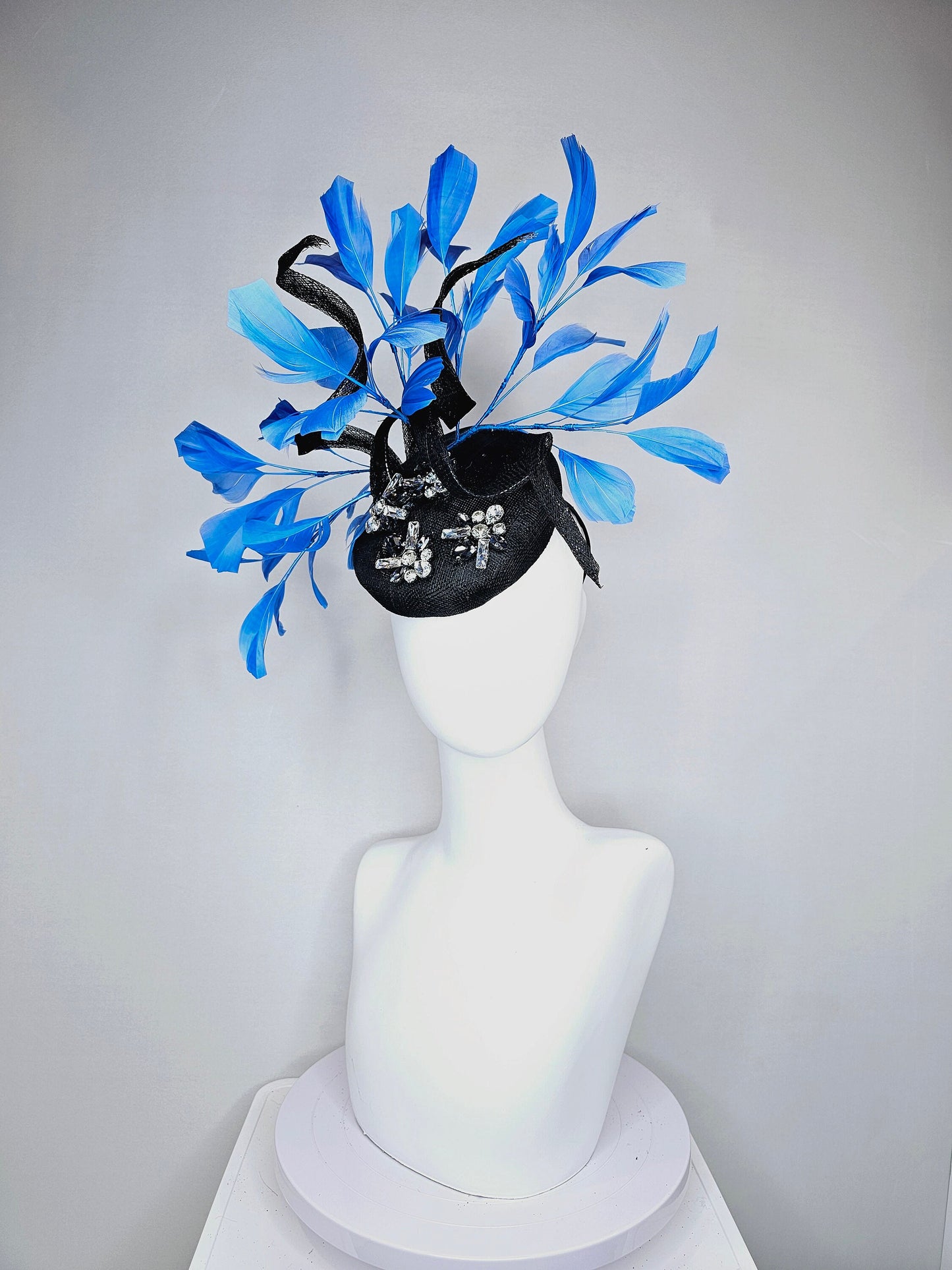 kentucky derby hat fascinator black sinamay with blue black clear taupe crystal jewels  with turquoise blue feathers