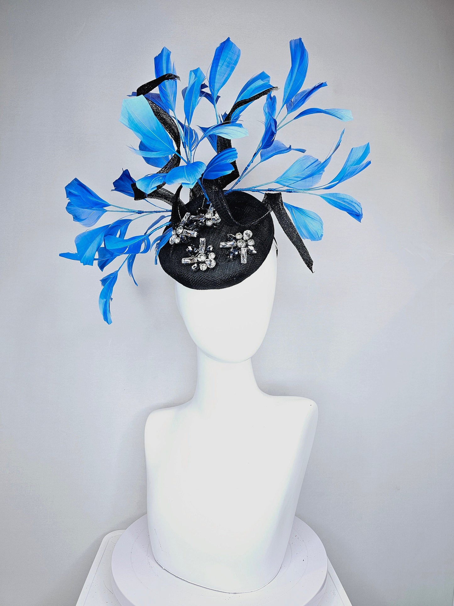 kentucky derby hat fascinator black sinamay with blue black clear taupe crystal jewels  with turquoise blue feathers