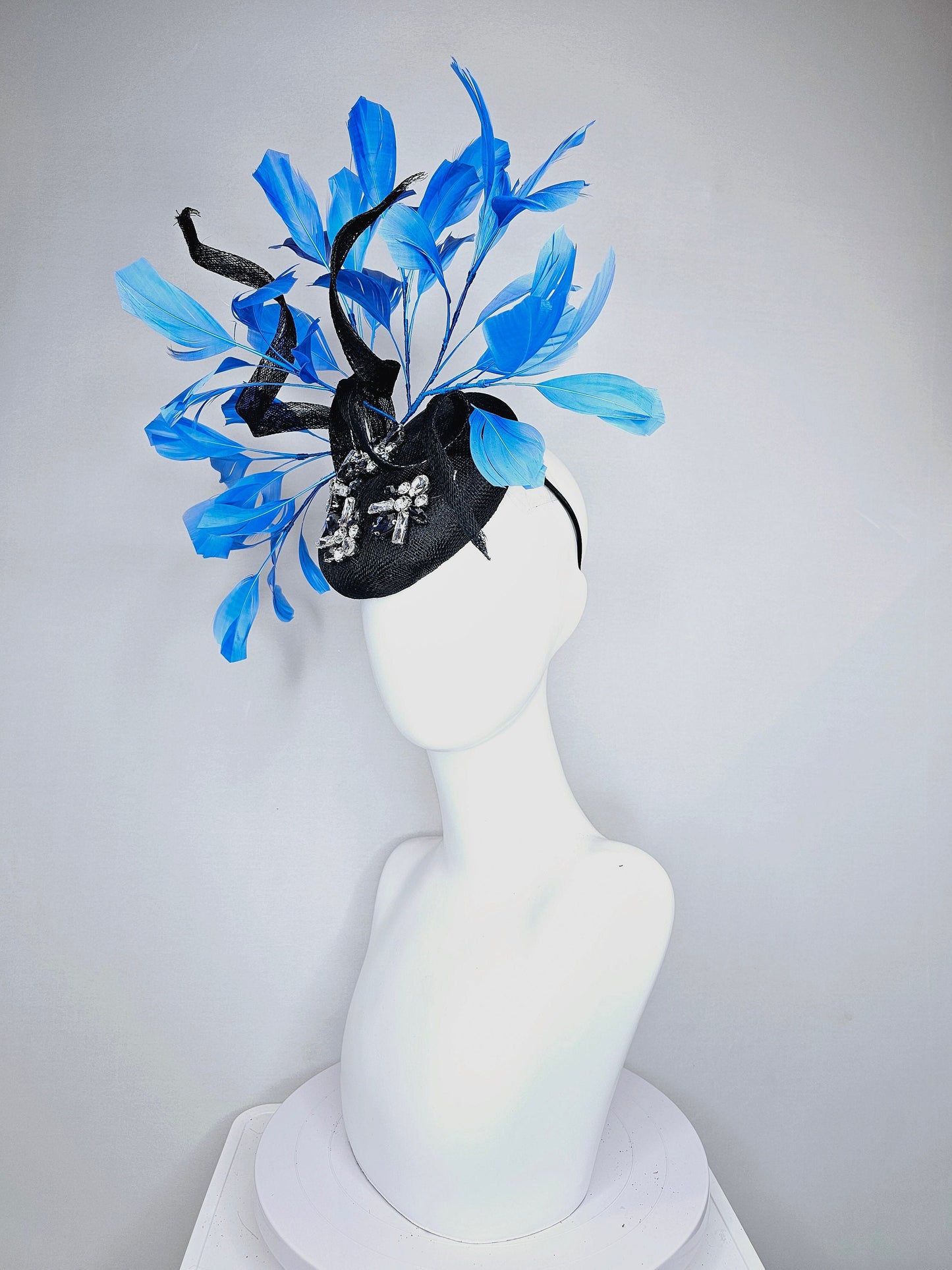 kentucky derby hat fascinator black sinamay with blue black clear taupe crystal jewels  with turquoise blue feathers