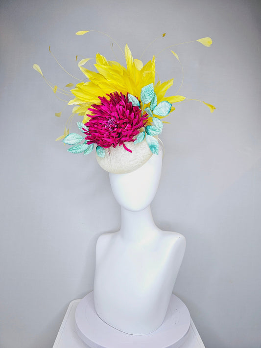 kentucky derby hat fascinator white sinamay with red pink fuchsia flower mint green velvet leaves yellow feathers