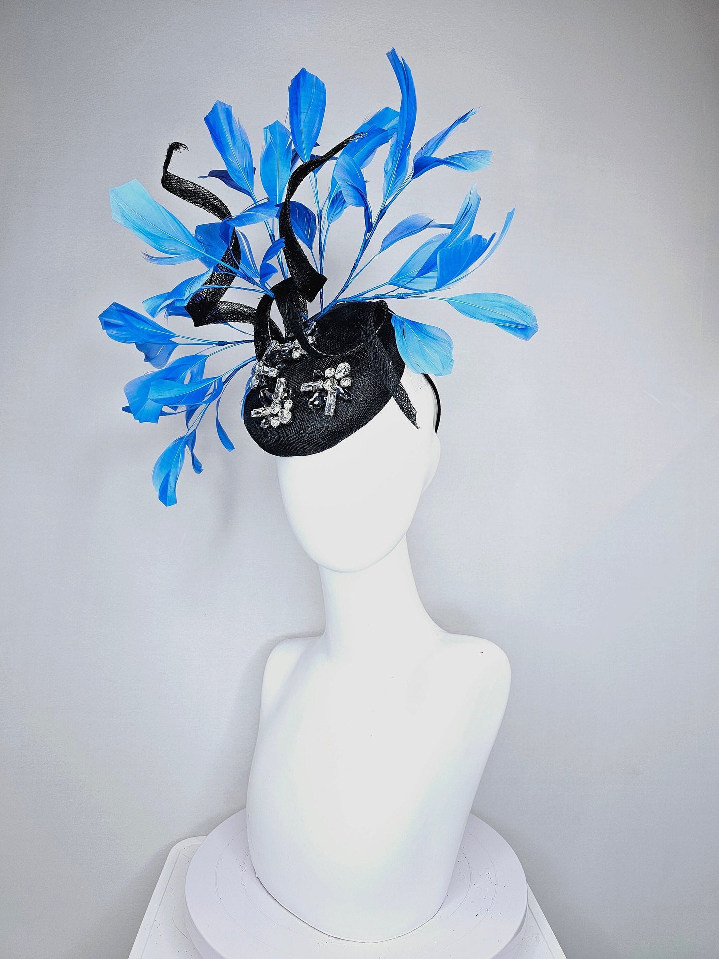 kentucky derby hat fascinator black sinamay with blue black clear taupe crystal jewels  with turquoise blue feathers