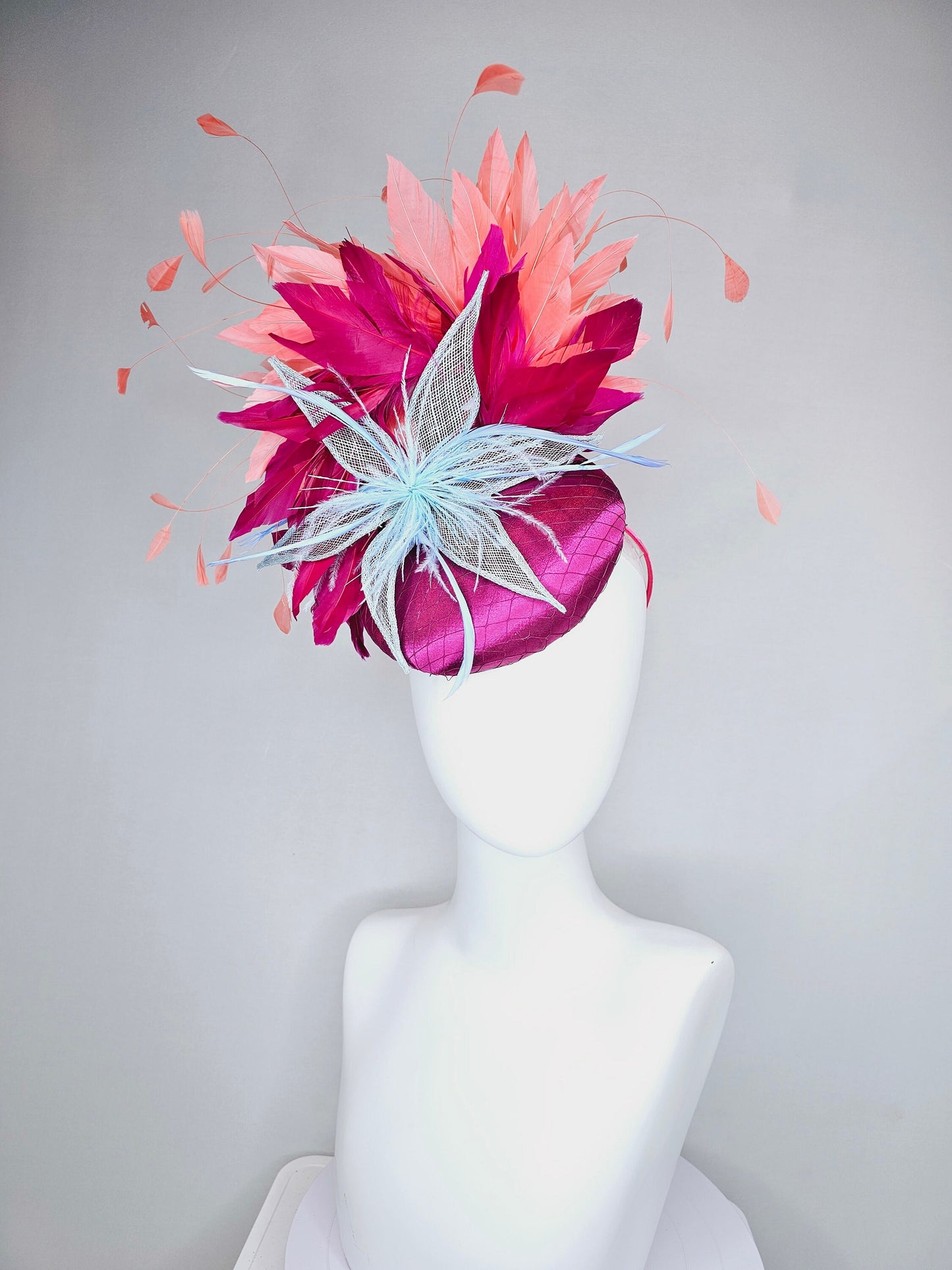 kentucky derby hat fascinator magenta purple wine satin with matching feathers orange coral feathers and blush sinamay feather flower