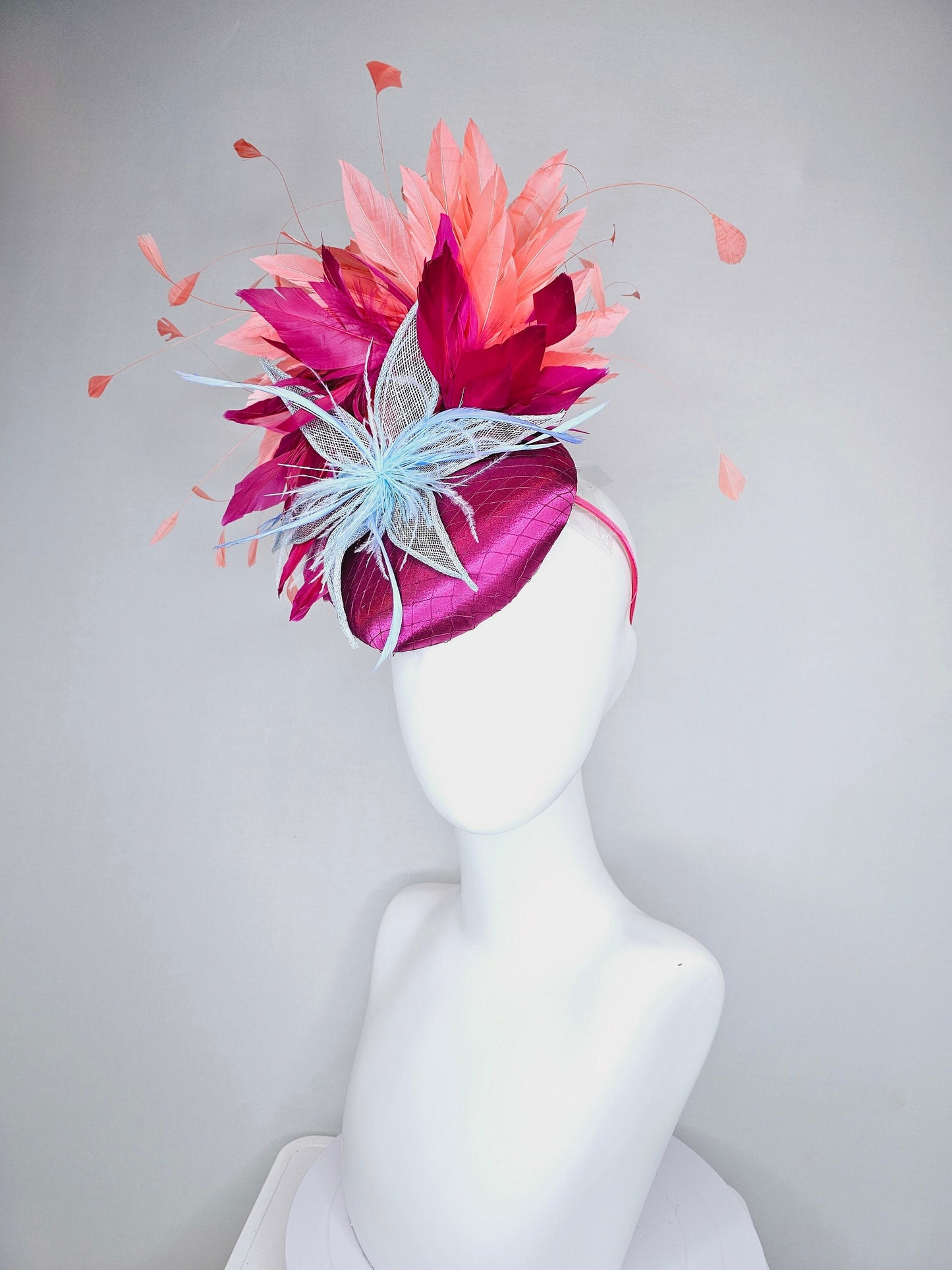 kentucky derby hat fascinator magenta purple wine satin with matching feathers orange coral feathers and blush sinamay feather flower