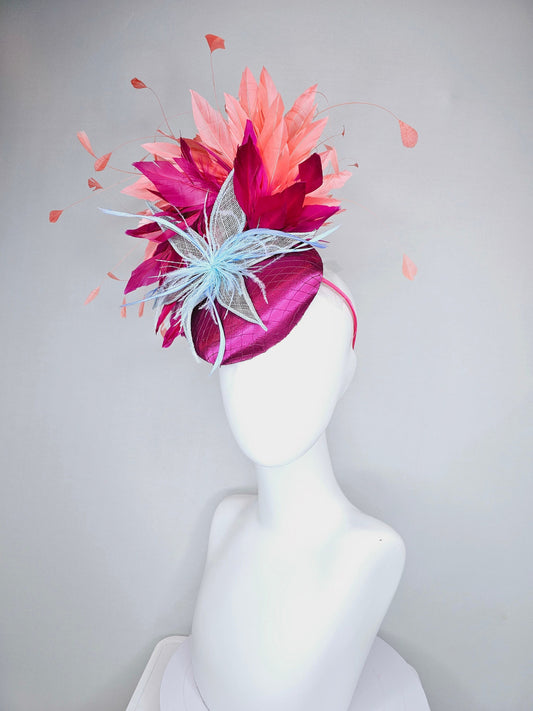 kentucky derby hat fascinator magenta purple wine satin with matching feathers orange coral feathers and blush sinamay feather flower