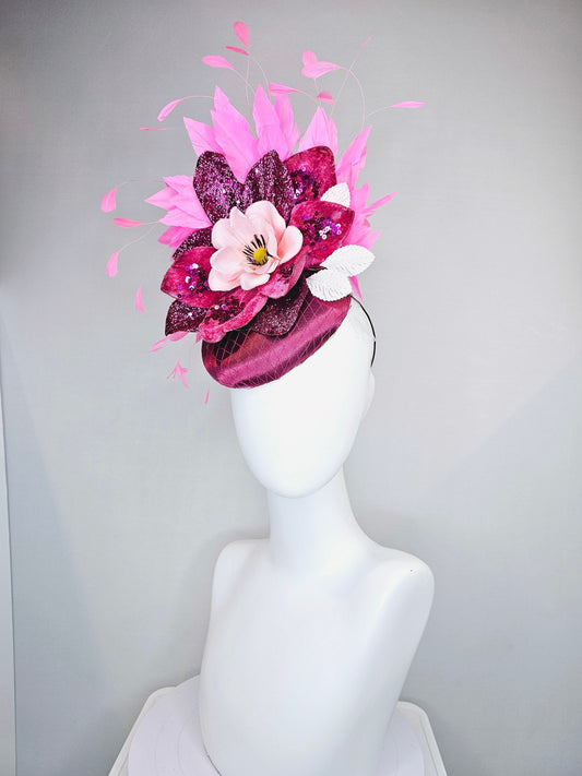 kentucky derby hat fascinator magenta purple maroon satin with pink feathers and light pink flower with glitter magenta petals and leaves