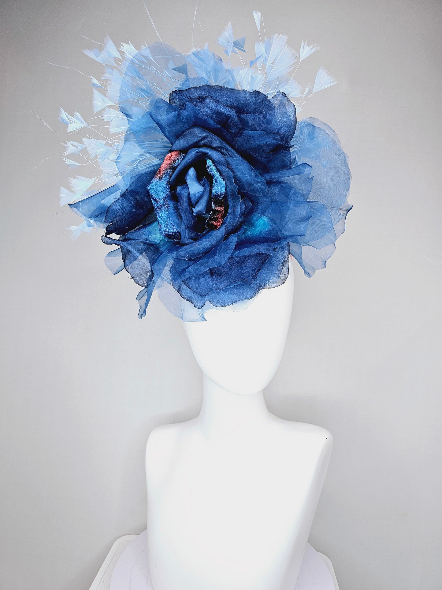 kentucky derby hat fascinator navy blue ombre organza rose flower light  blue feathers