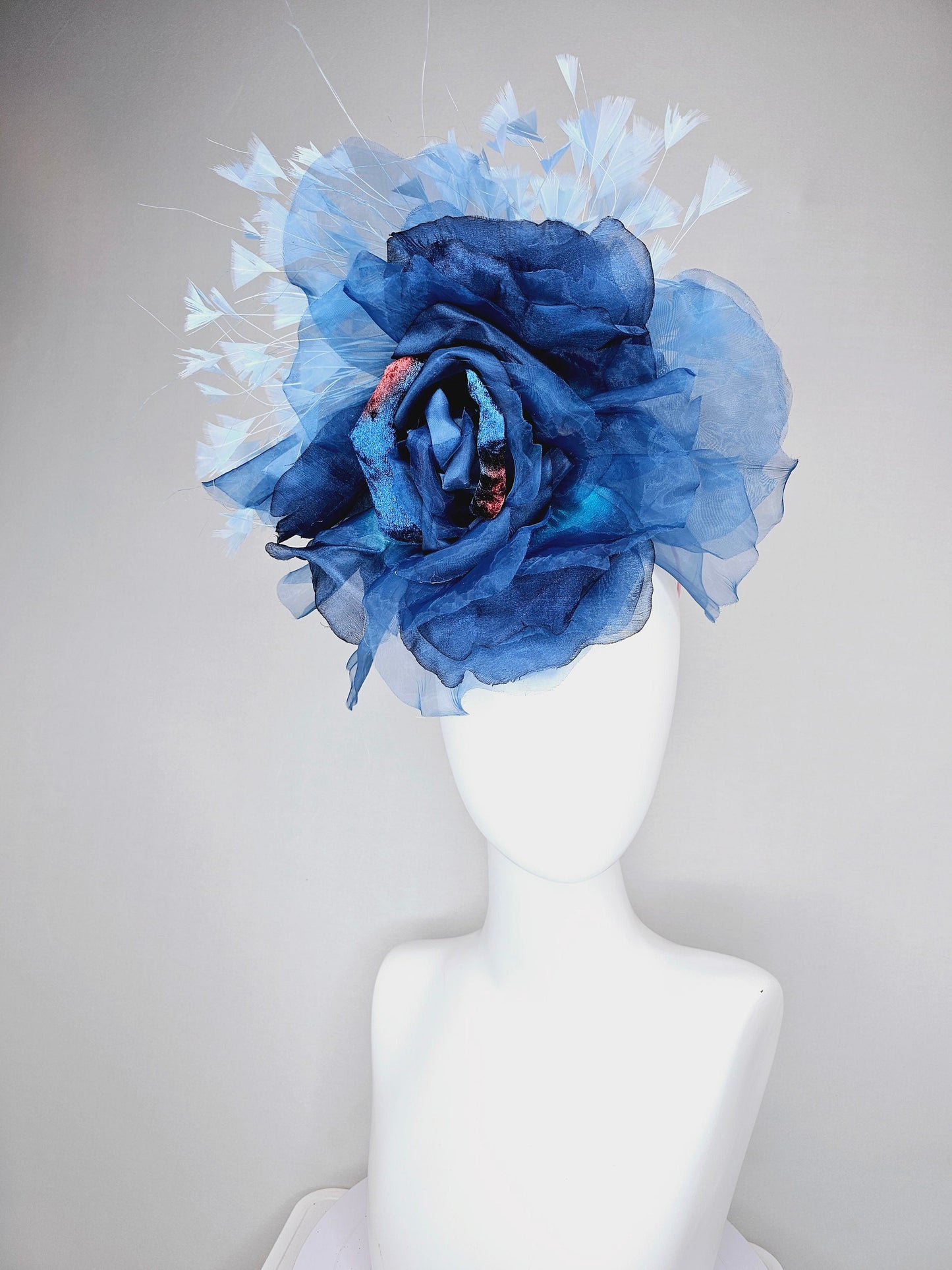 kentucky derby hat fascinator navy blue ombre organza rose flower light  blue feathers