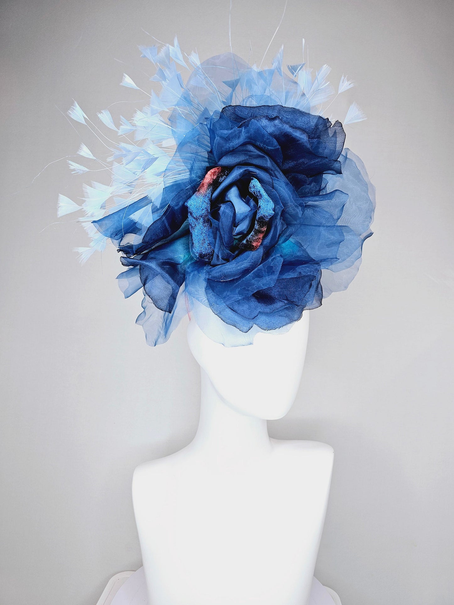 kentucky derby hat fascinator navy blue ombre organza rose flower light  blue feathers